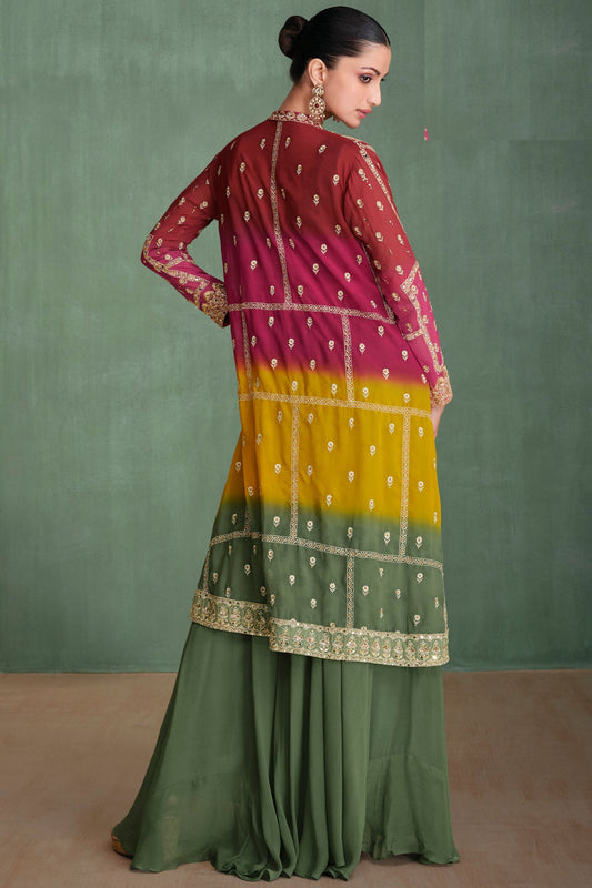 Dusty Green Georgette Lehenga Choli with Dual Color Jacket - Embroidery Work, Mirror Work