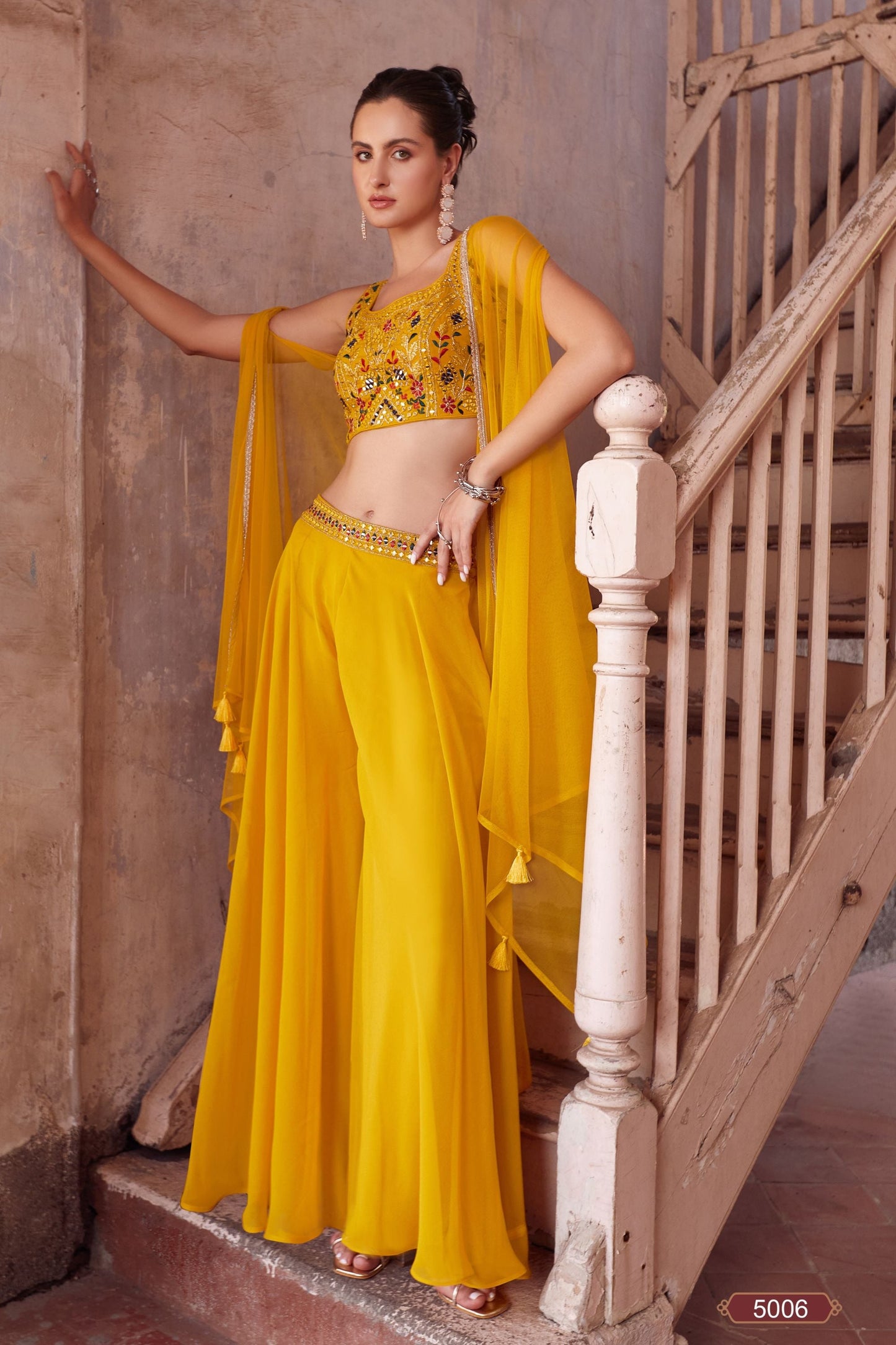 Yellow Georgette Plazzo Choli - Thread Embroidery Work, Hand Embellishment, Mirror Work