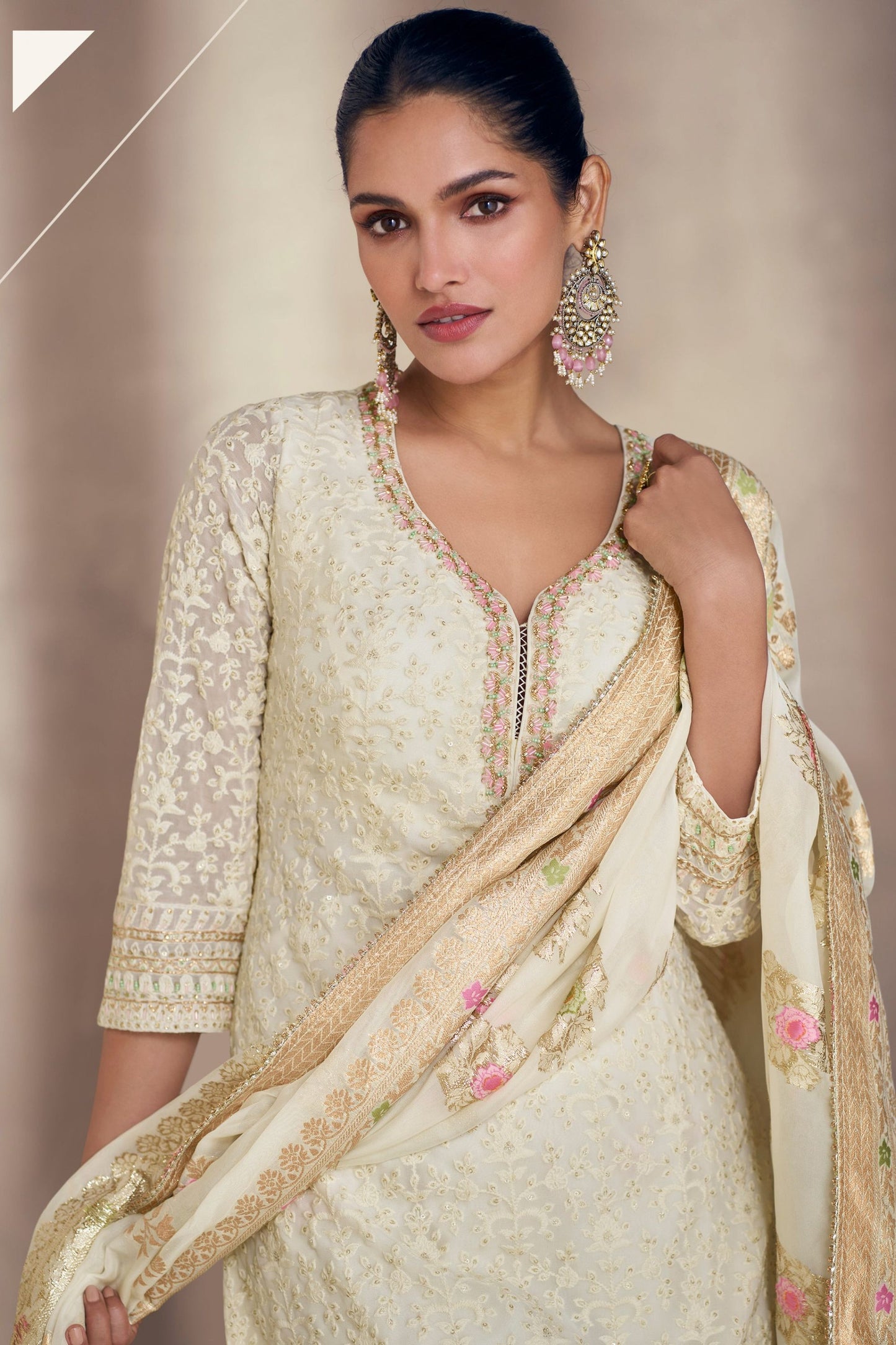 Off White Jacquard Silk Plazzo Kameez
