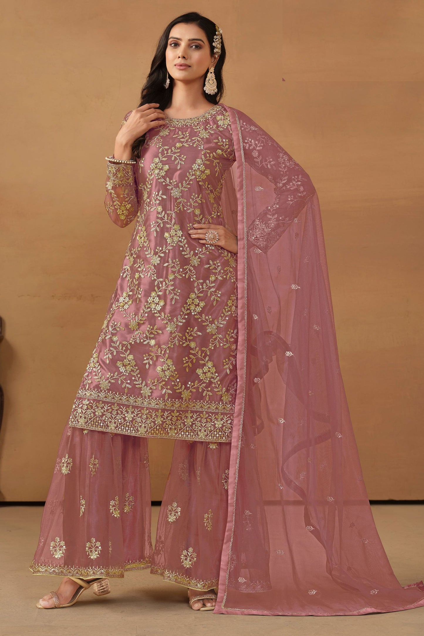 Pink Net Sharara Suit