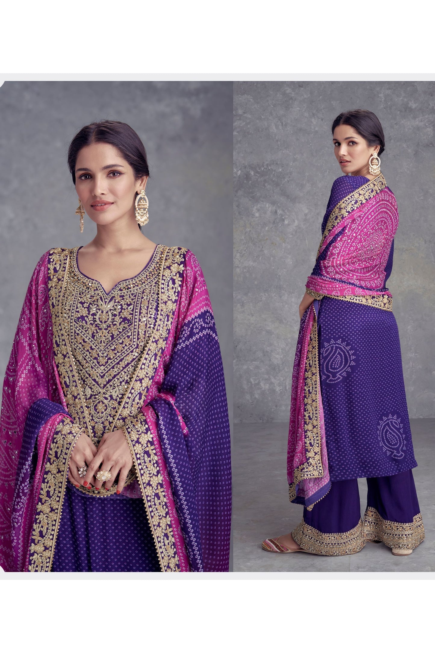 Blue Chinon Palazzo Suit - Embroidery Work, Mirror Work, Print Work