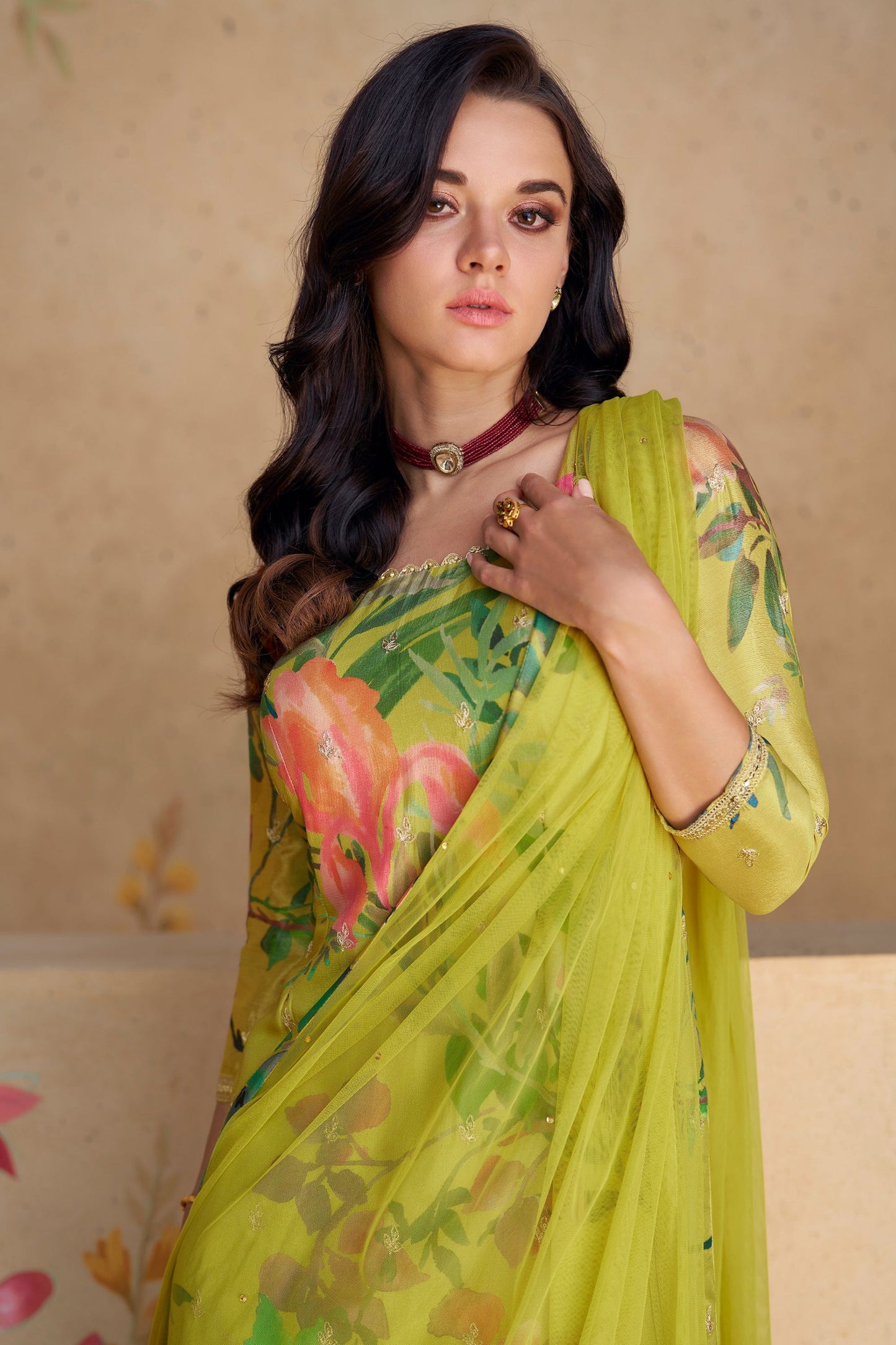 Green Chinon Silk Flower Printed Palazzo Suit - Print Work, Embroidery Work