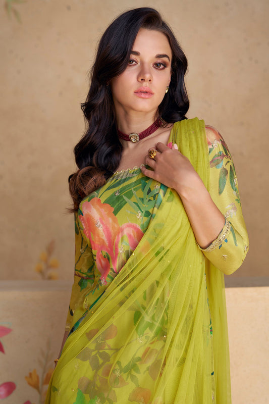 Green Chinon Silk Flower Printed Palazzo Suit - Print Work, Embroidery Work