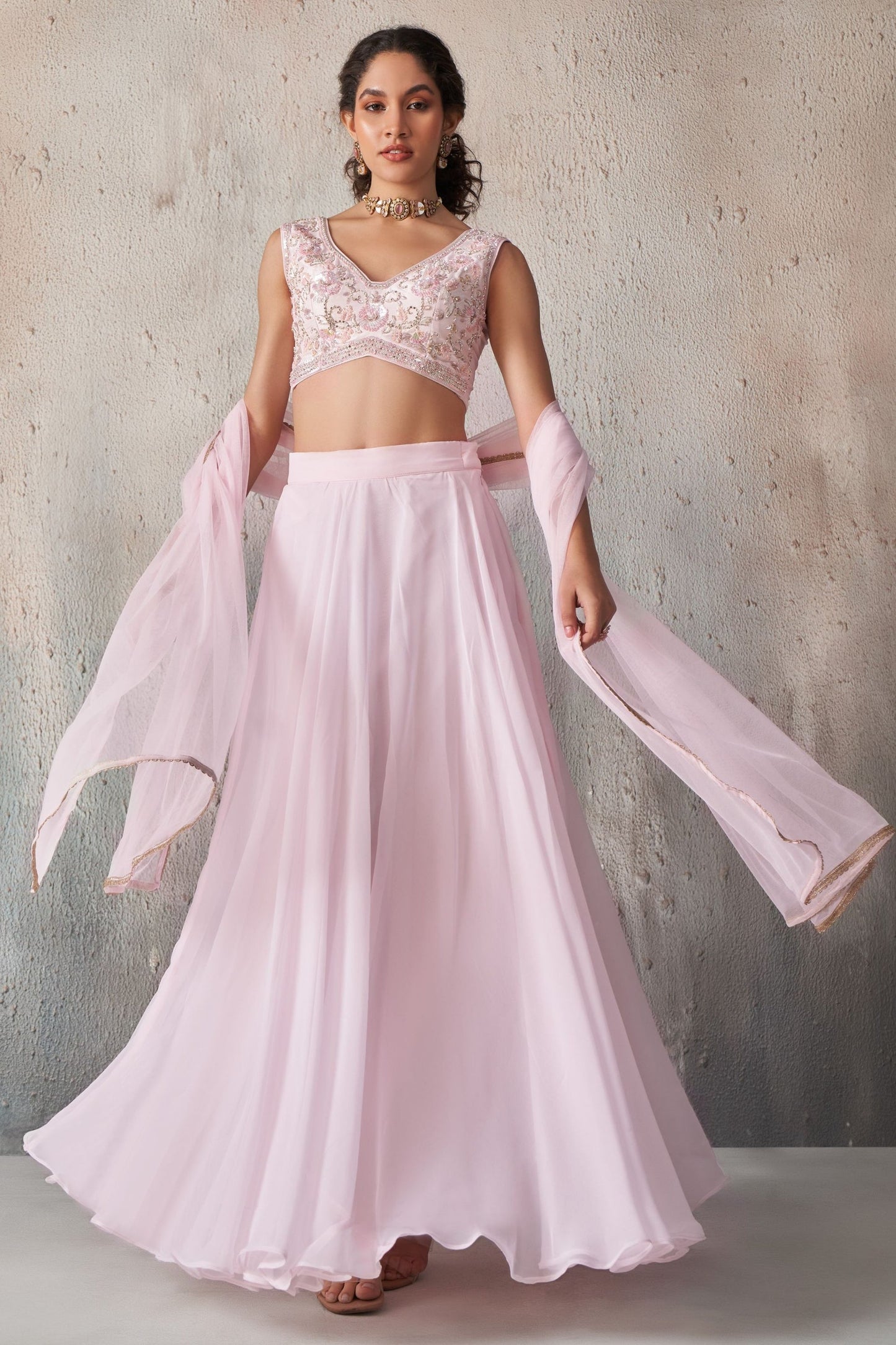 Light Pink Georgette Sleeveless Lehenga - Khatli Work, Sequence Embroidery Work, Resham Work, Cut Dana Work, Moti Work
