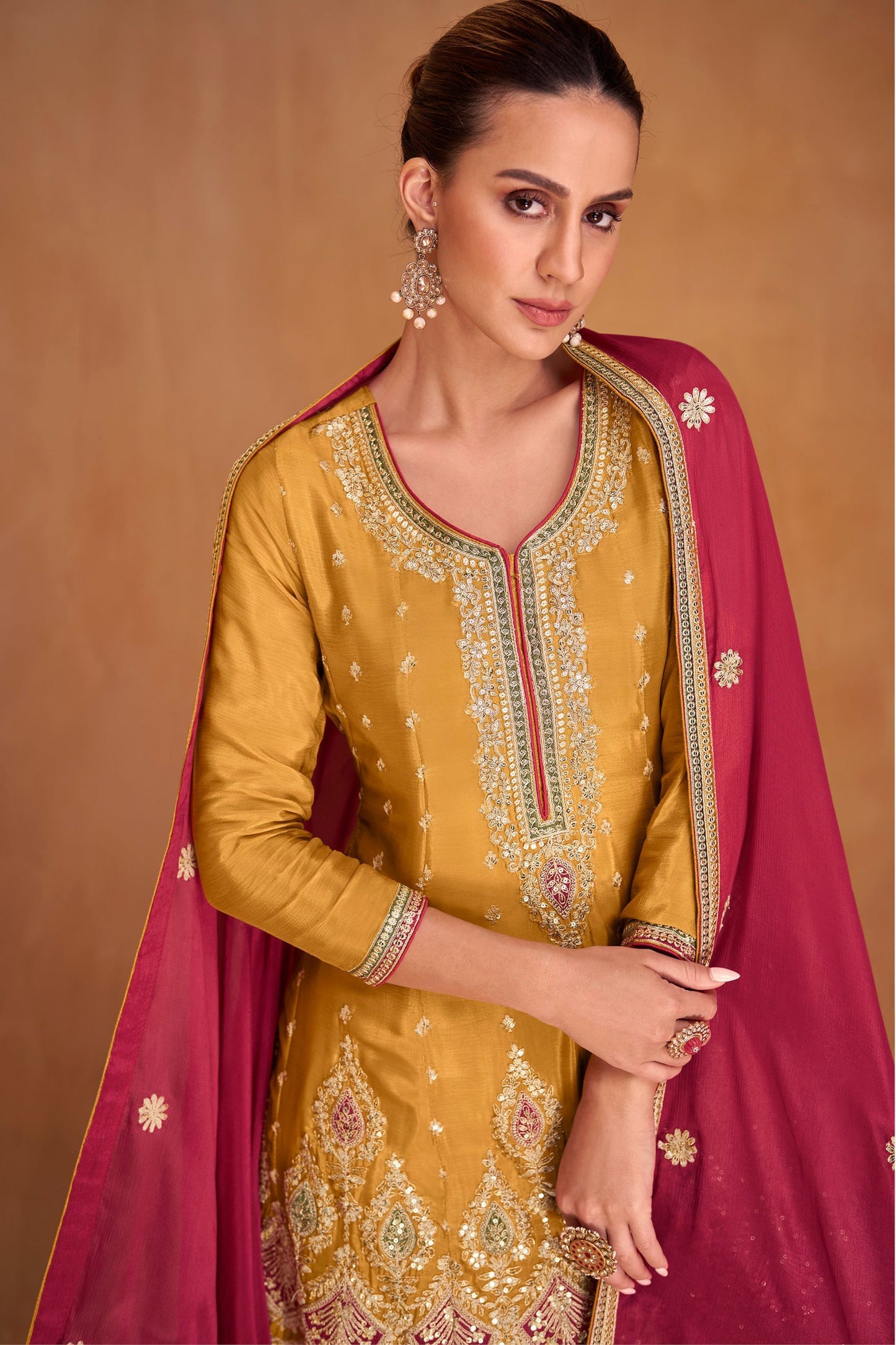 Mustard Chinon Silk Palazzo Suit