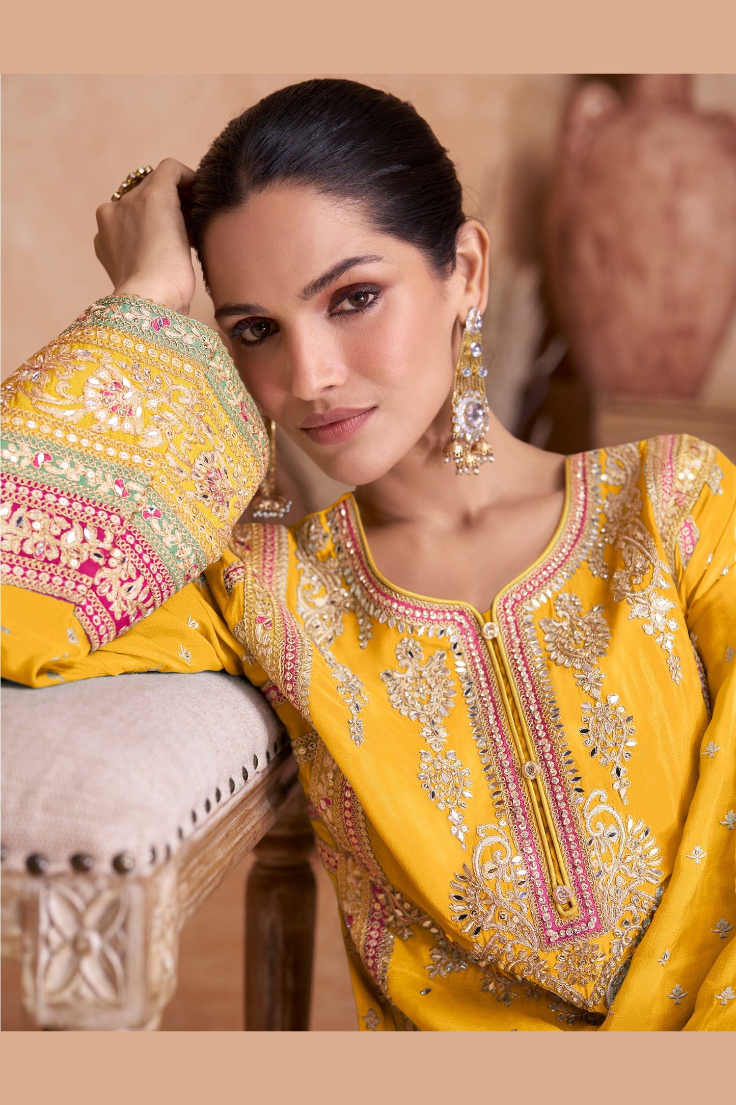 Yellow Chinon Palazzo Suit