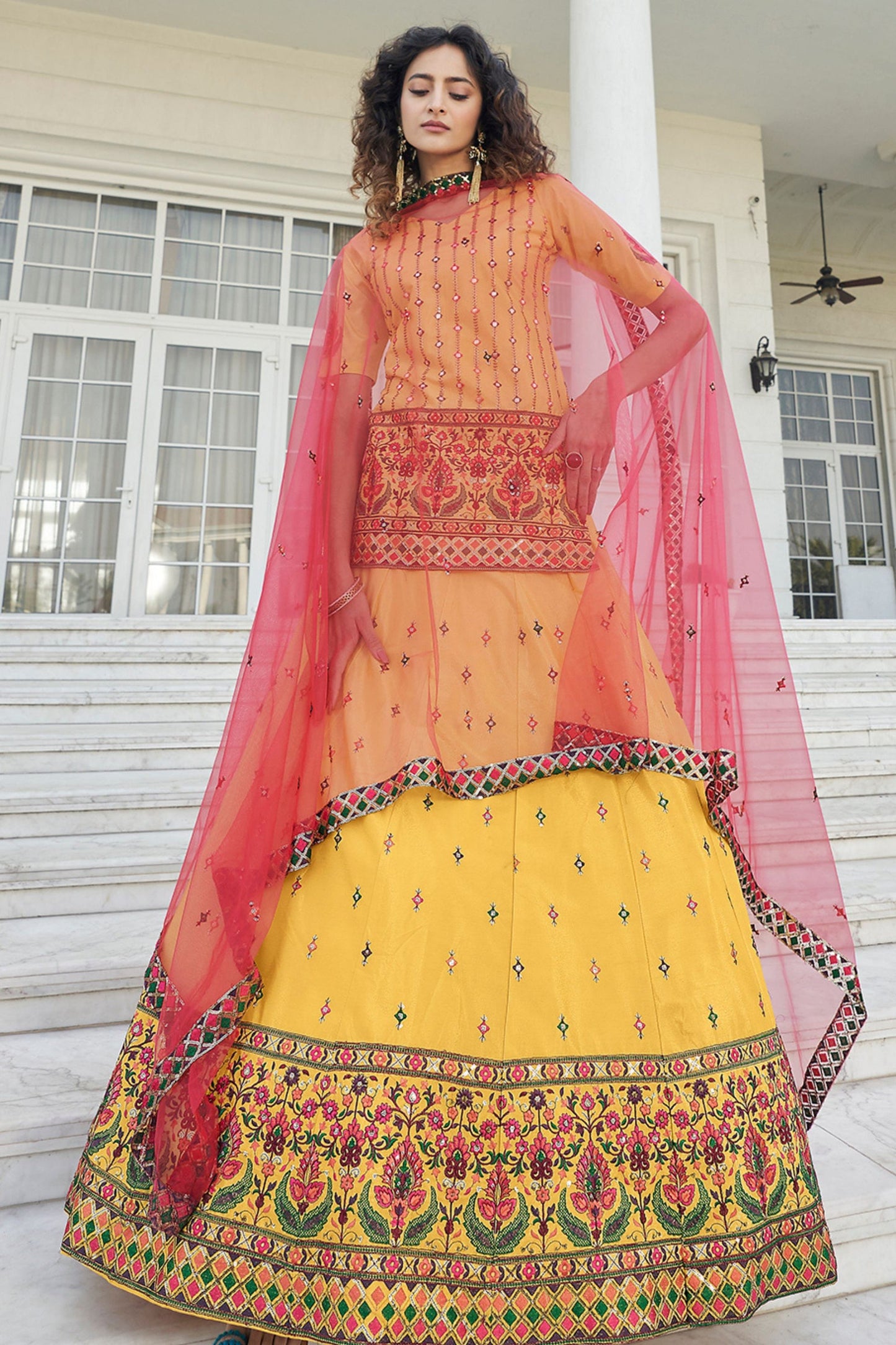 Yellow Chinon Lehenga Choli - Sequence Embroidery Work, Thread Embroidery Work,
