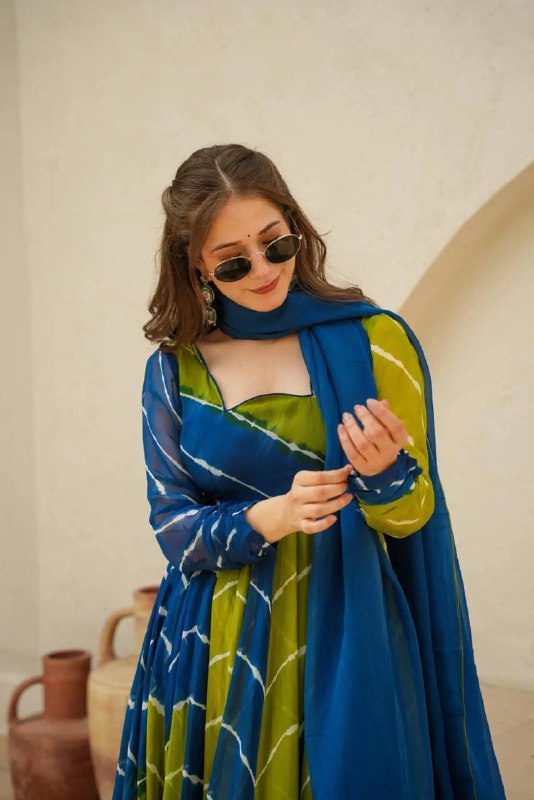 BLUE FANCY ORGENZA ANARKALI SUIT SET