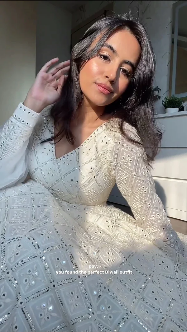 Cream Anarkali georgette suit set with sequin work