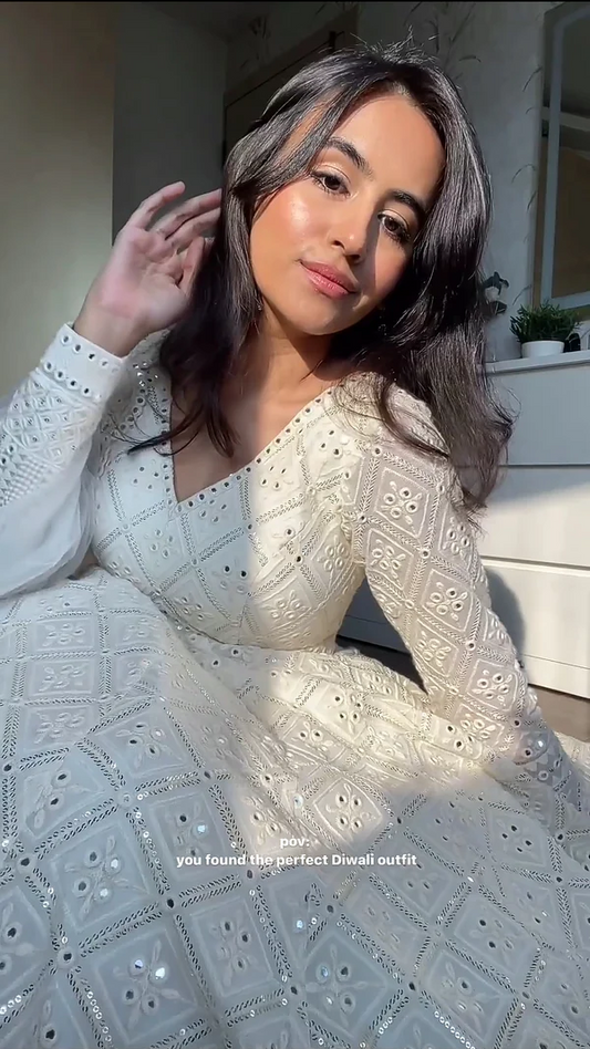 Cream Anarkali georgette suit set with sequin work