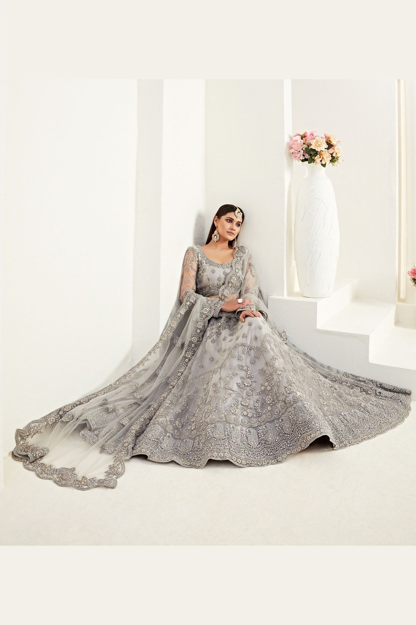 Grey Net Lehenga Choli - Thread Embroidery Work, Codding Embroidery Work, Butta Work, Stone Work