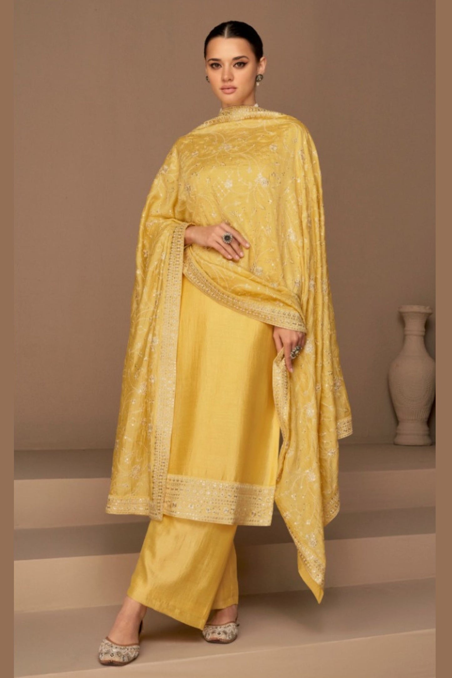 Yellow Chinon Silk salwar Suit