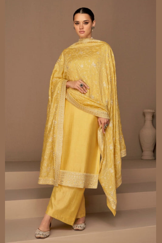 Yellow Chinon Silk salwar Suit