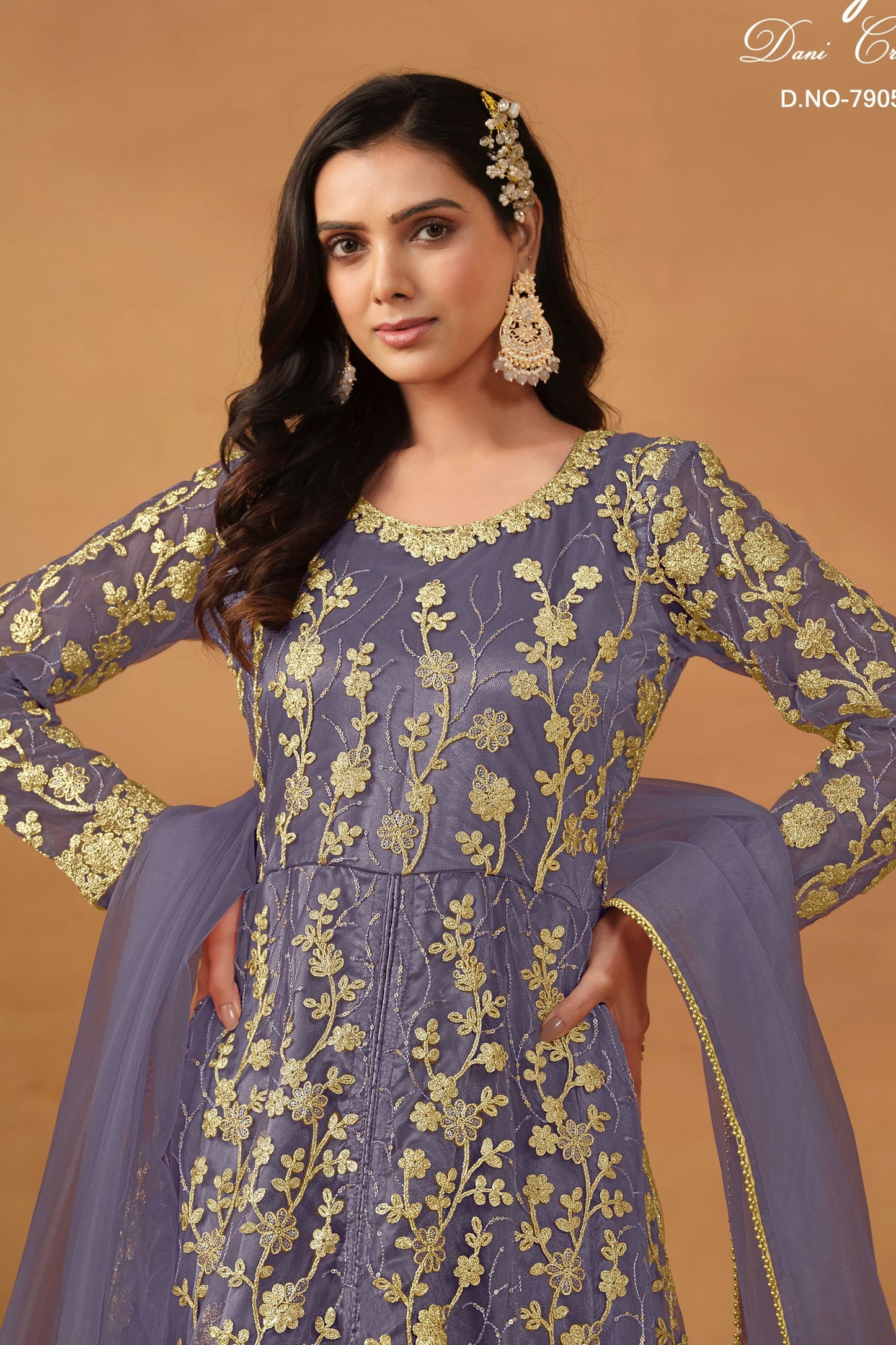 Purple Net Full Length Anarkali Suit with Front Slit