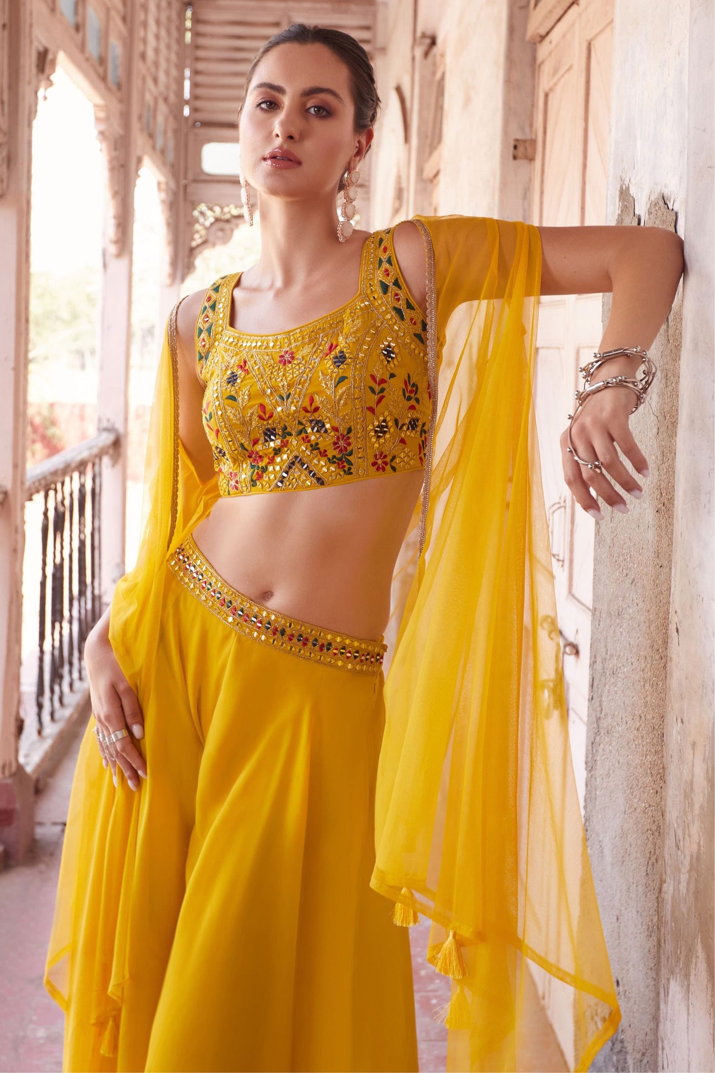 Yellow Georgette Plazzo Choli - Thread Embroidery Work, Hand Embellishment, Mirror Work