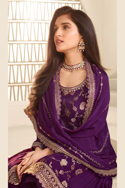 Purple Jacquard Silk  Plazzo Suit