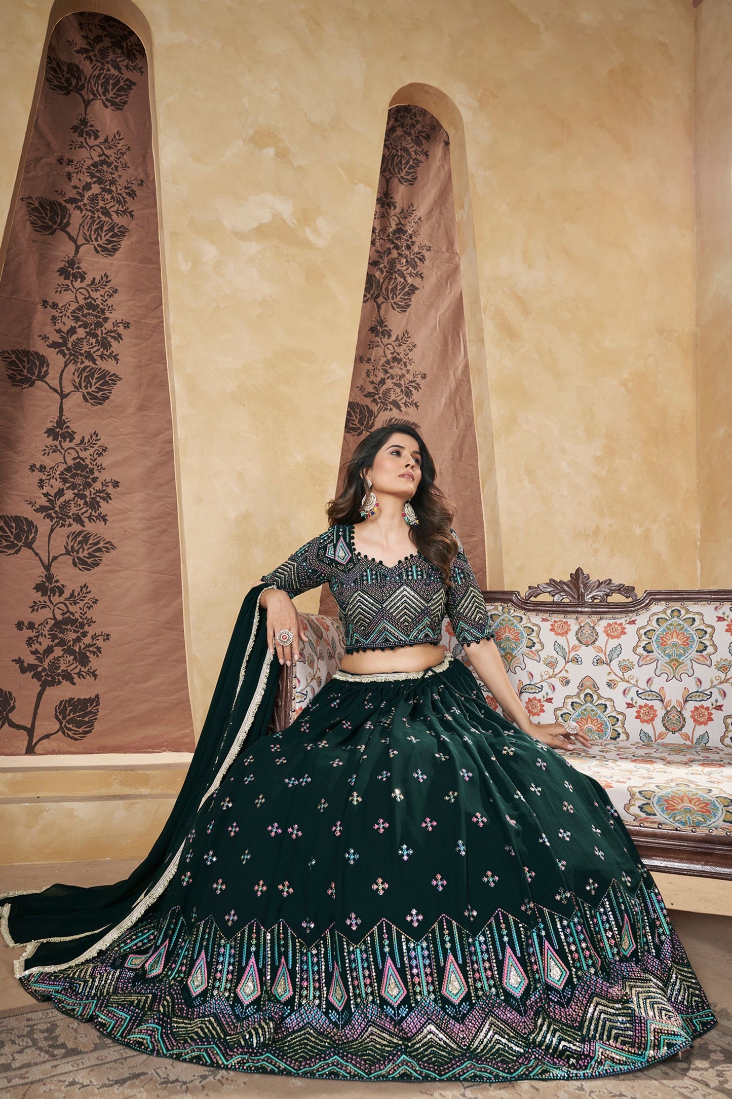 Green Georgette Lehenga Choli - Thread Embroidery Work, Foil Mirror Work