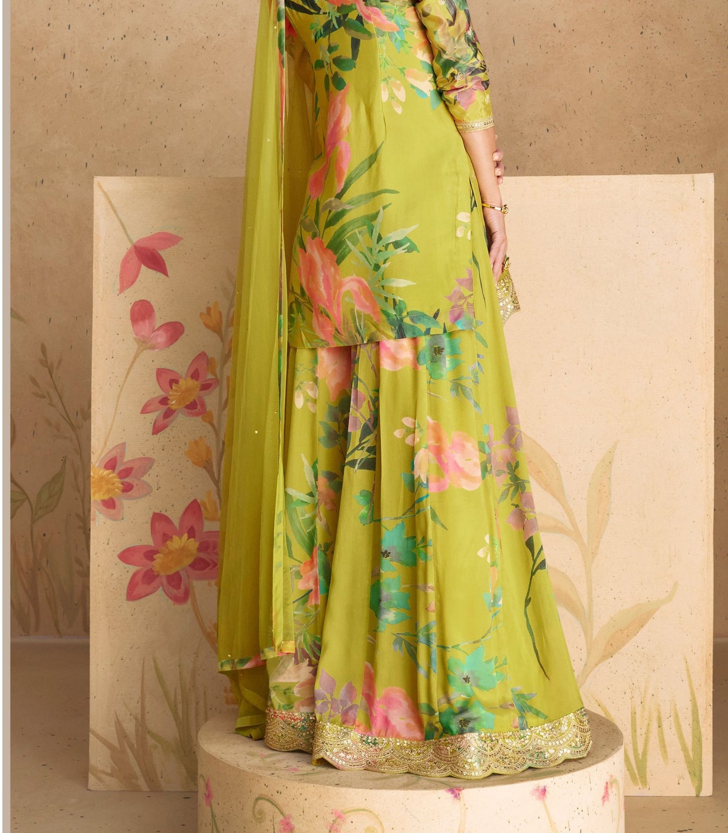 Green Chinon Silk Flower Printed Palazzo Suit - Print Work, Embroidery Work