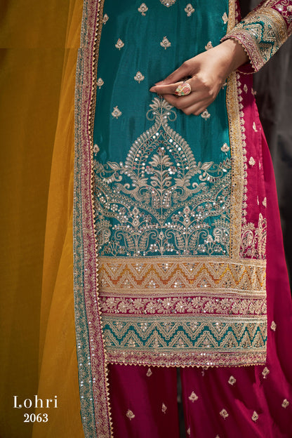Turquoise Chinon Silk Plazzo Suit - Sequence Embroidery Work, Mirror Work
