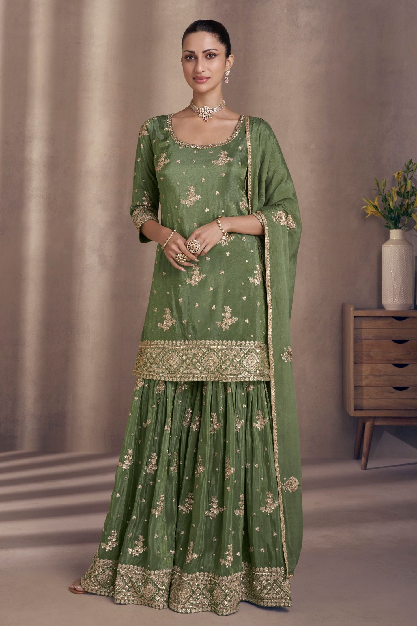 Green Chinon Silk  Sharara Suit