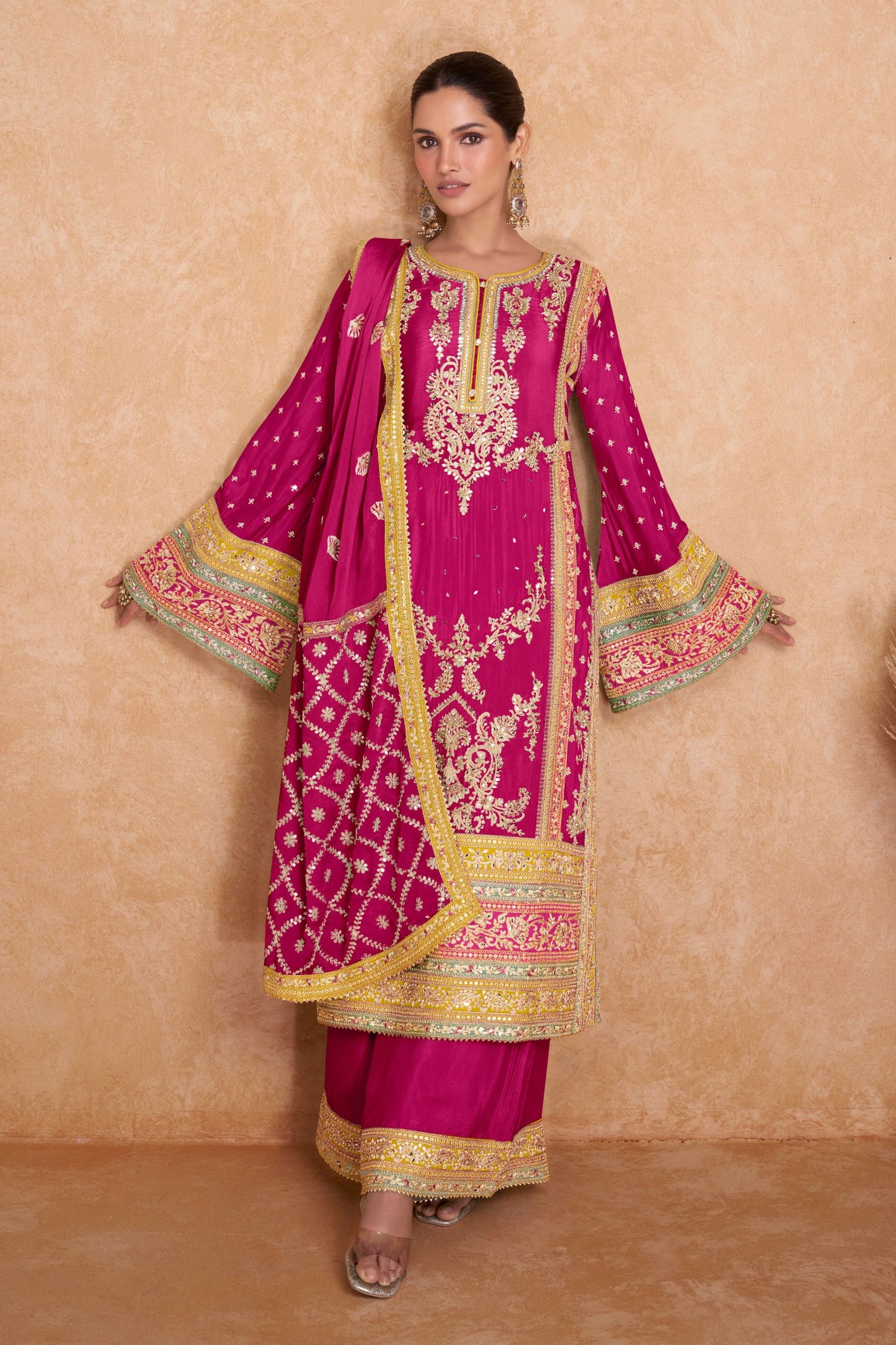 Yellow Chinon Palazzo Suit