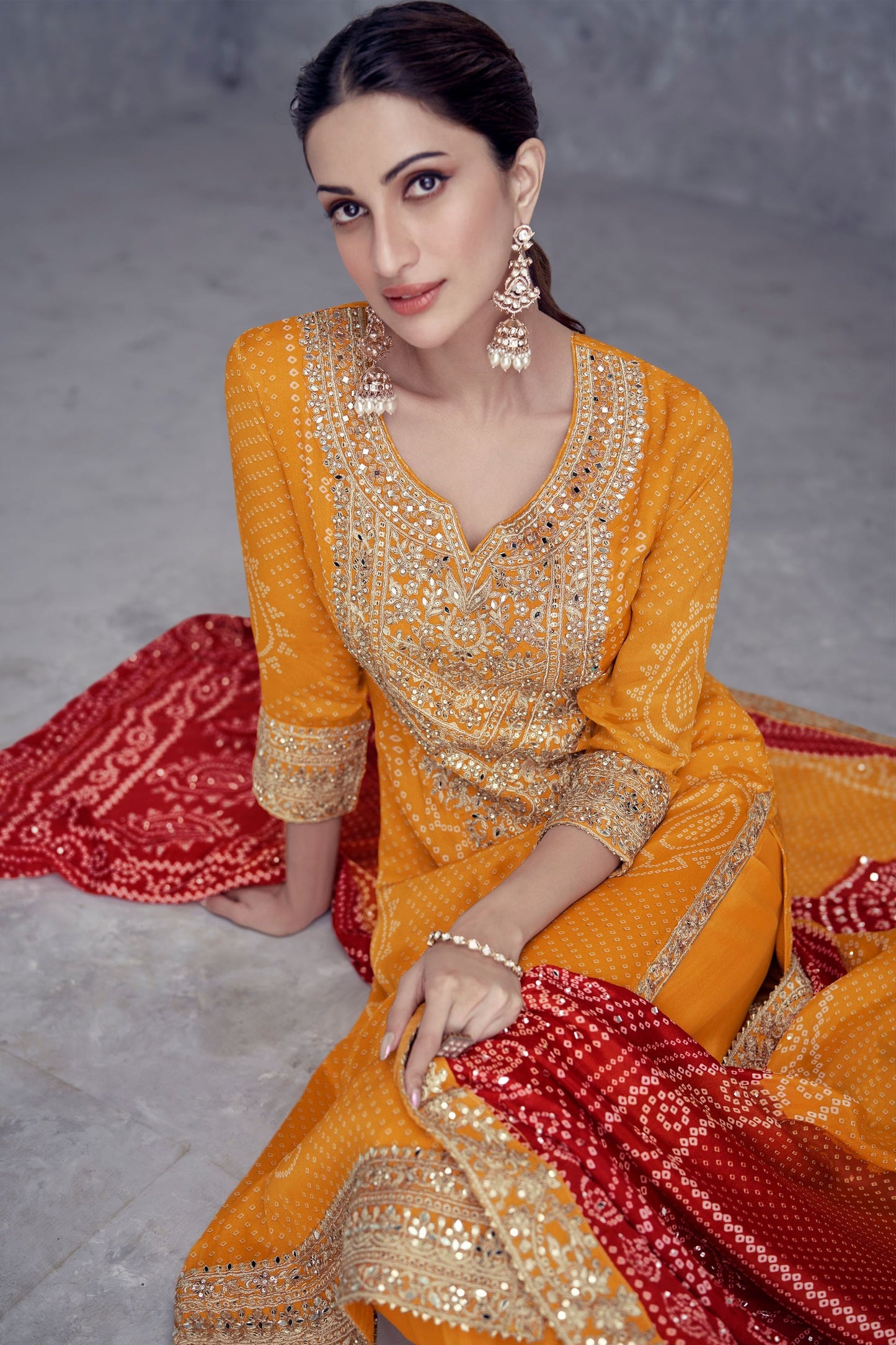 Yellow Chinon Silk Palazzo Suit  - Embroidery Work, Mirror Work, Print Work