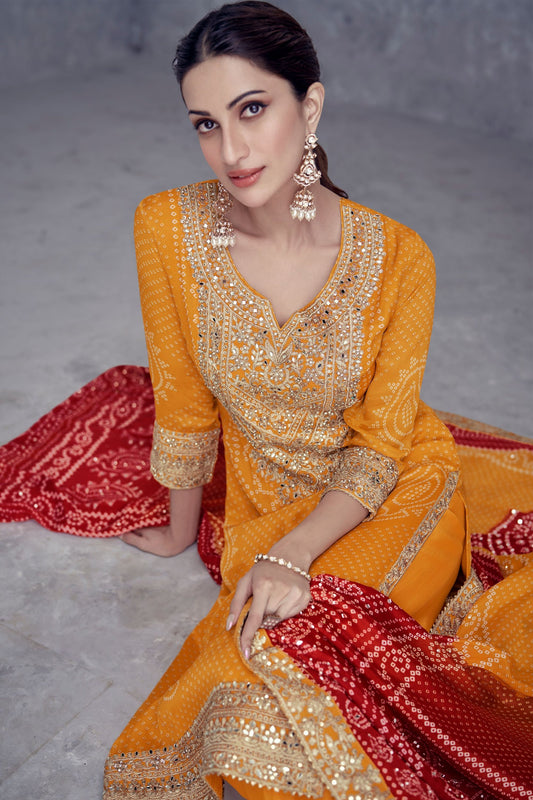 Yellow Chinon Silk Palazzo Suit  - Embroidery Work, Mirror Work, Print Work