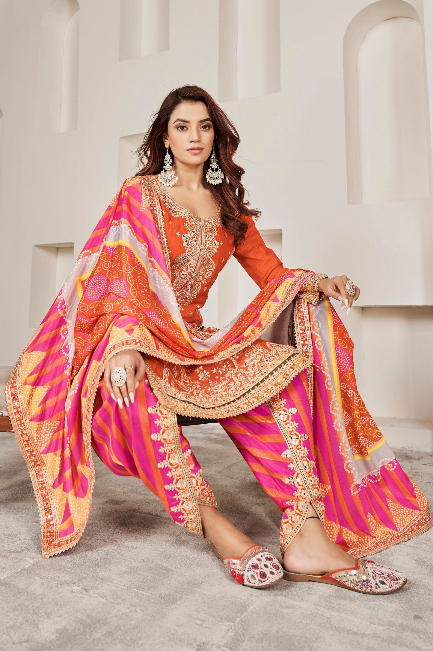 Orange Chinon Silk Salwar suit