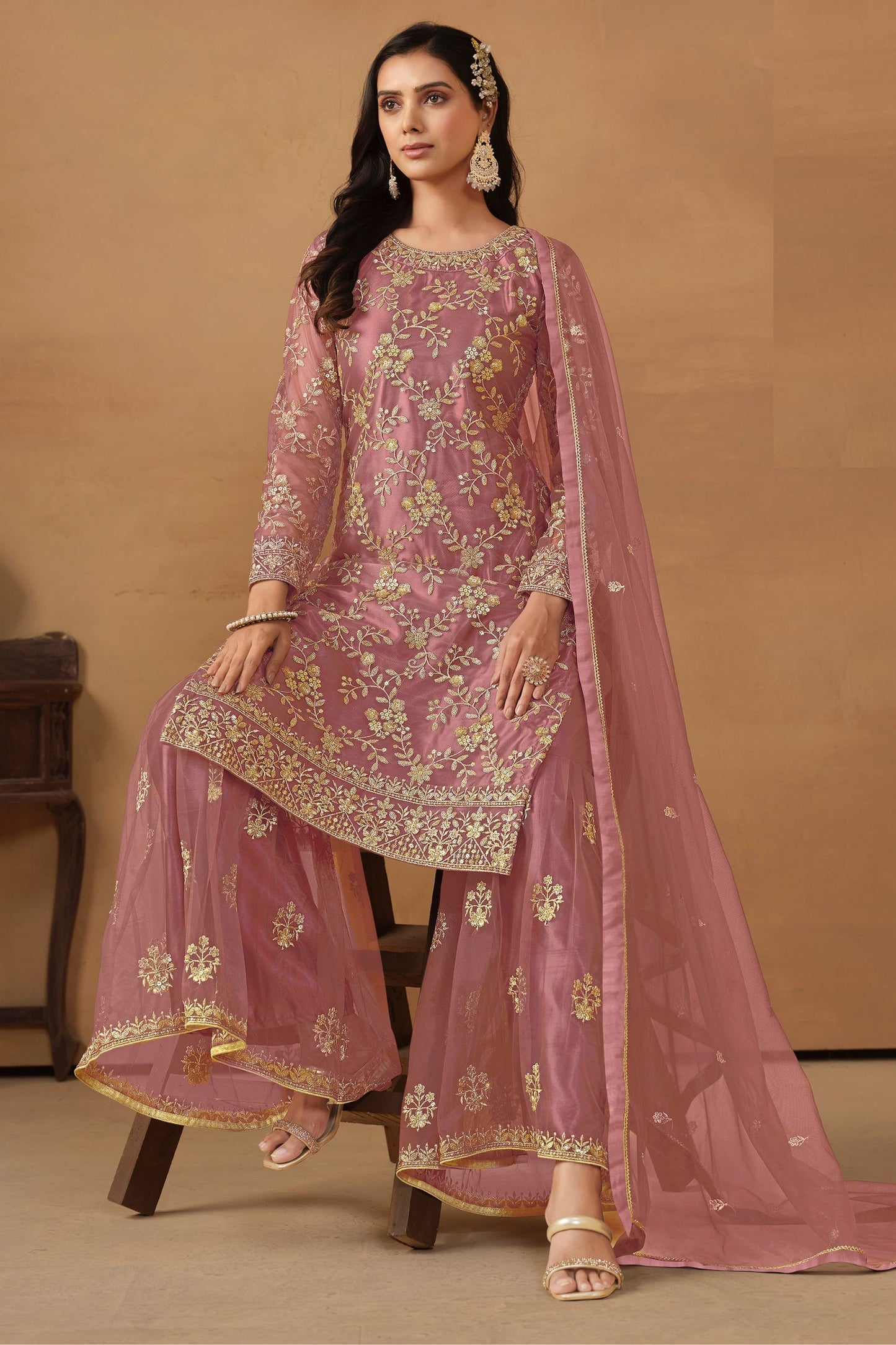 Pink Net Sharara Suit