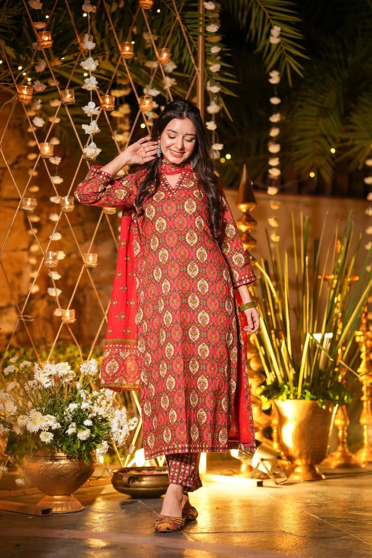 CARMINE PRINTED COTTON KURTA SET