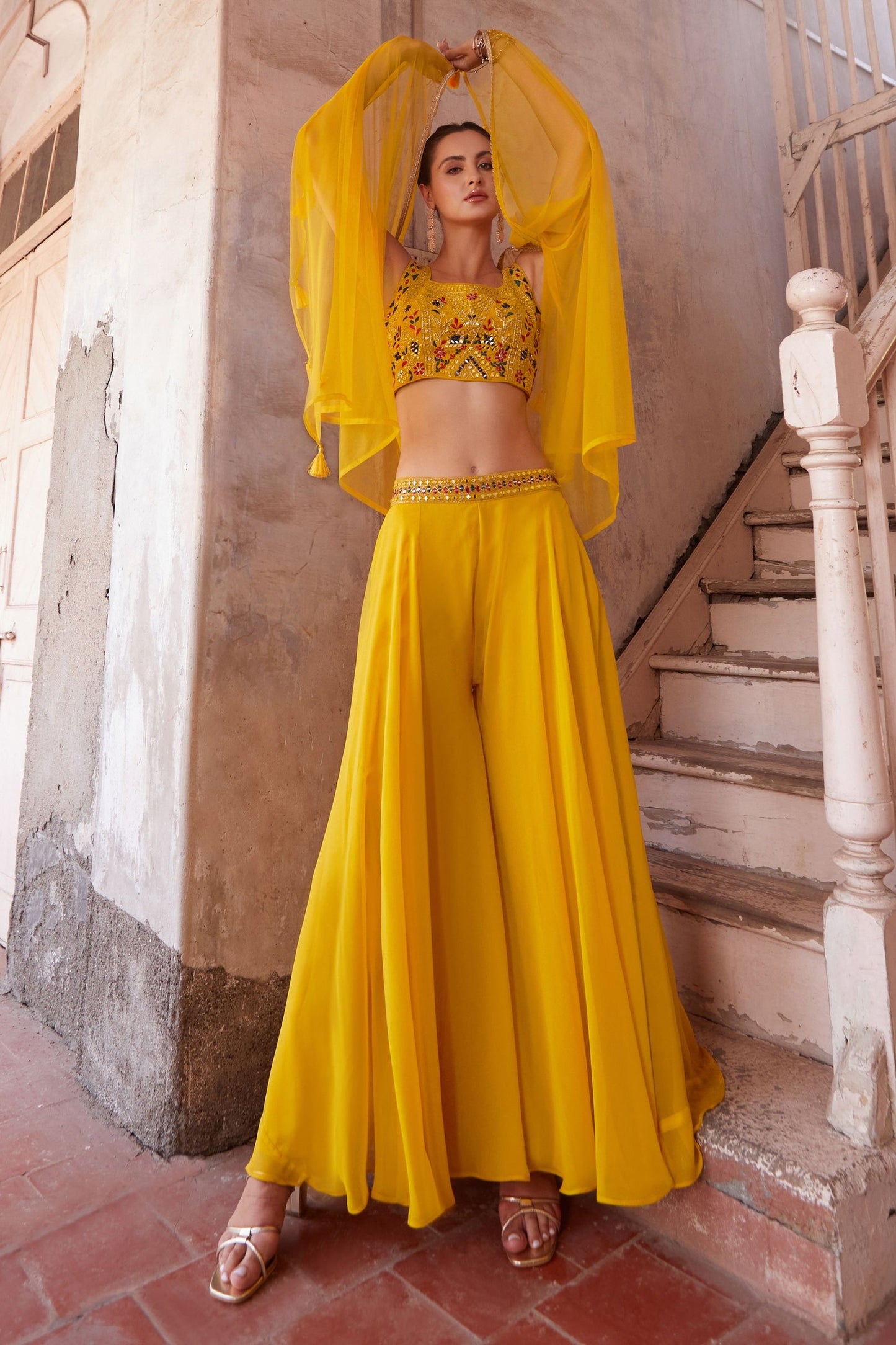 Yellow Georgette Plazzo Choli - Thread Embroidery Work, Hand Embellishment, Mirror Work