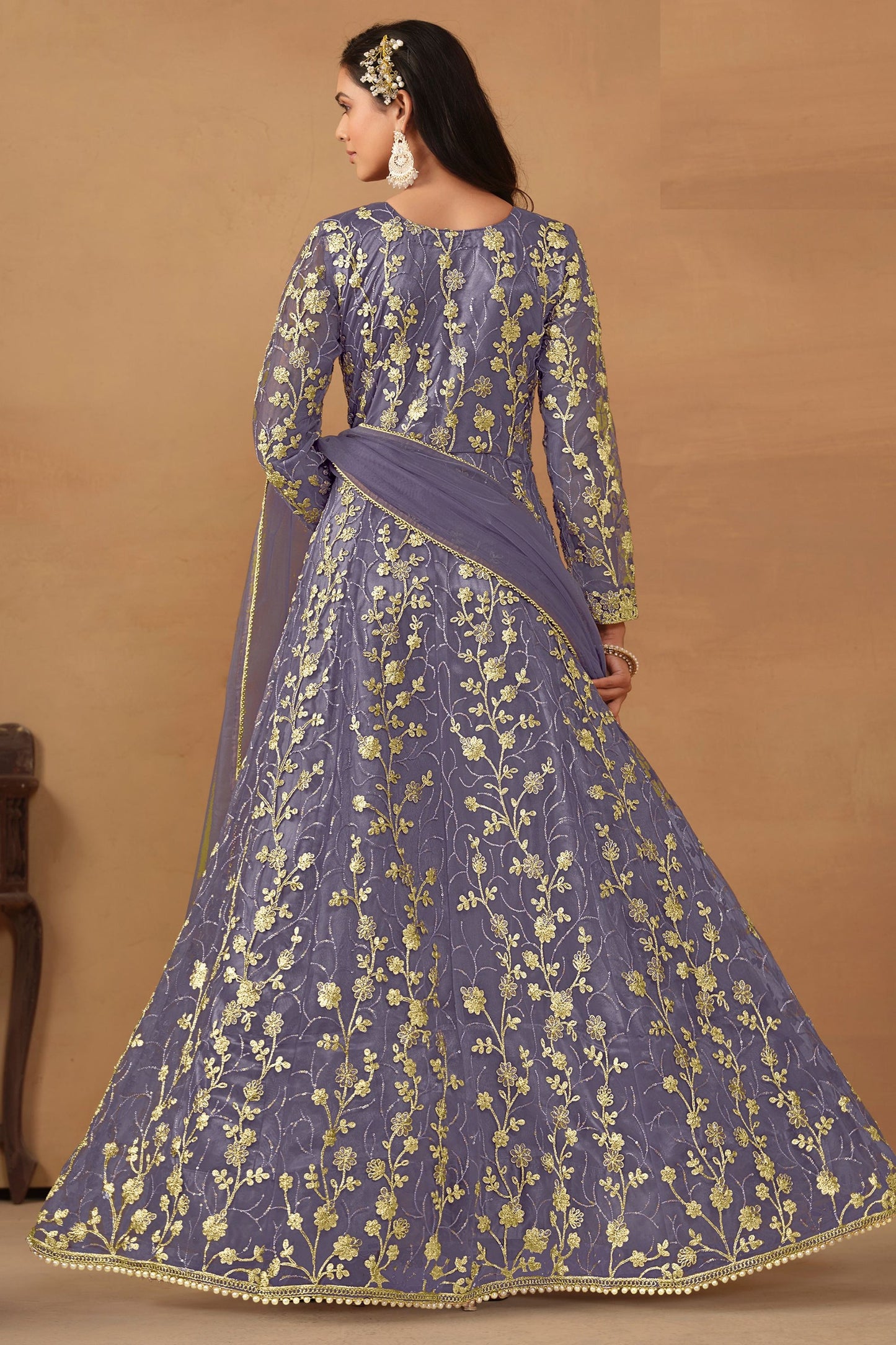 Purple Net Full Length Anarkali Suit with Front Slit