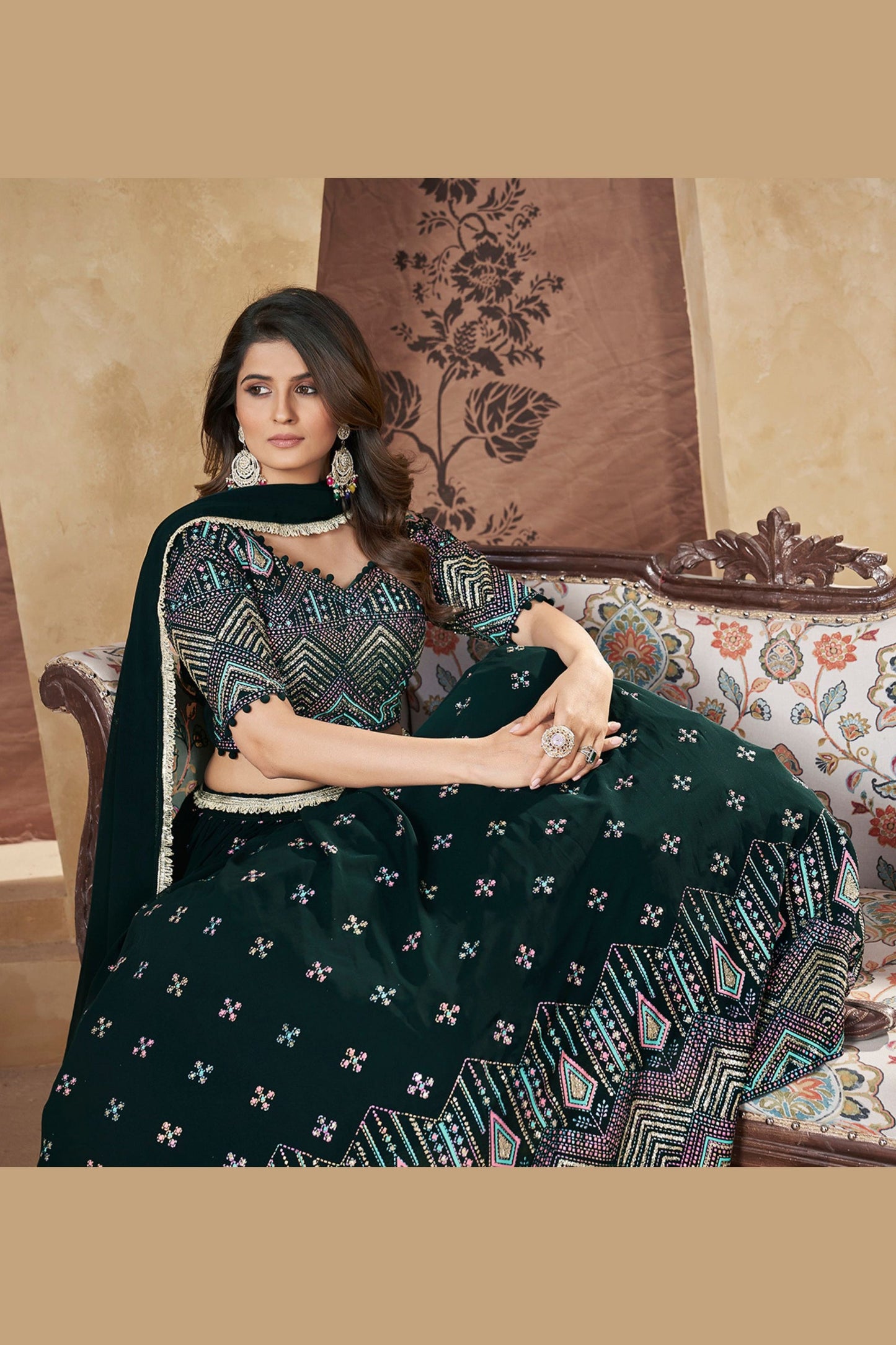 Green Georgette Lehenga Choli - Thread Embroidery Work, Foil Mirror Work