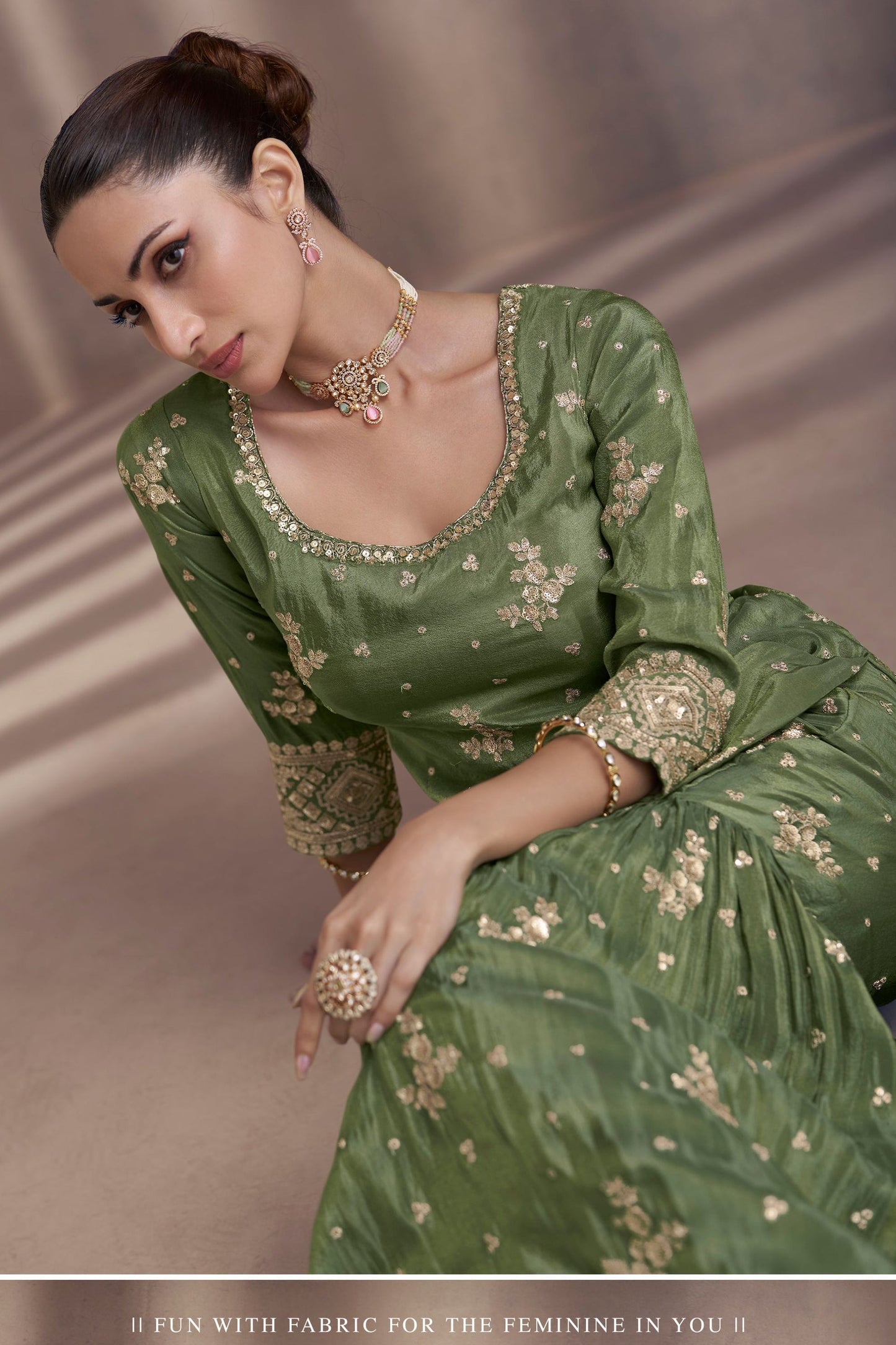 Green Chinon Silk  Sharara Suit