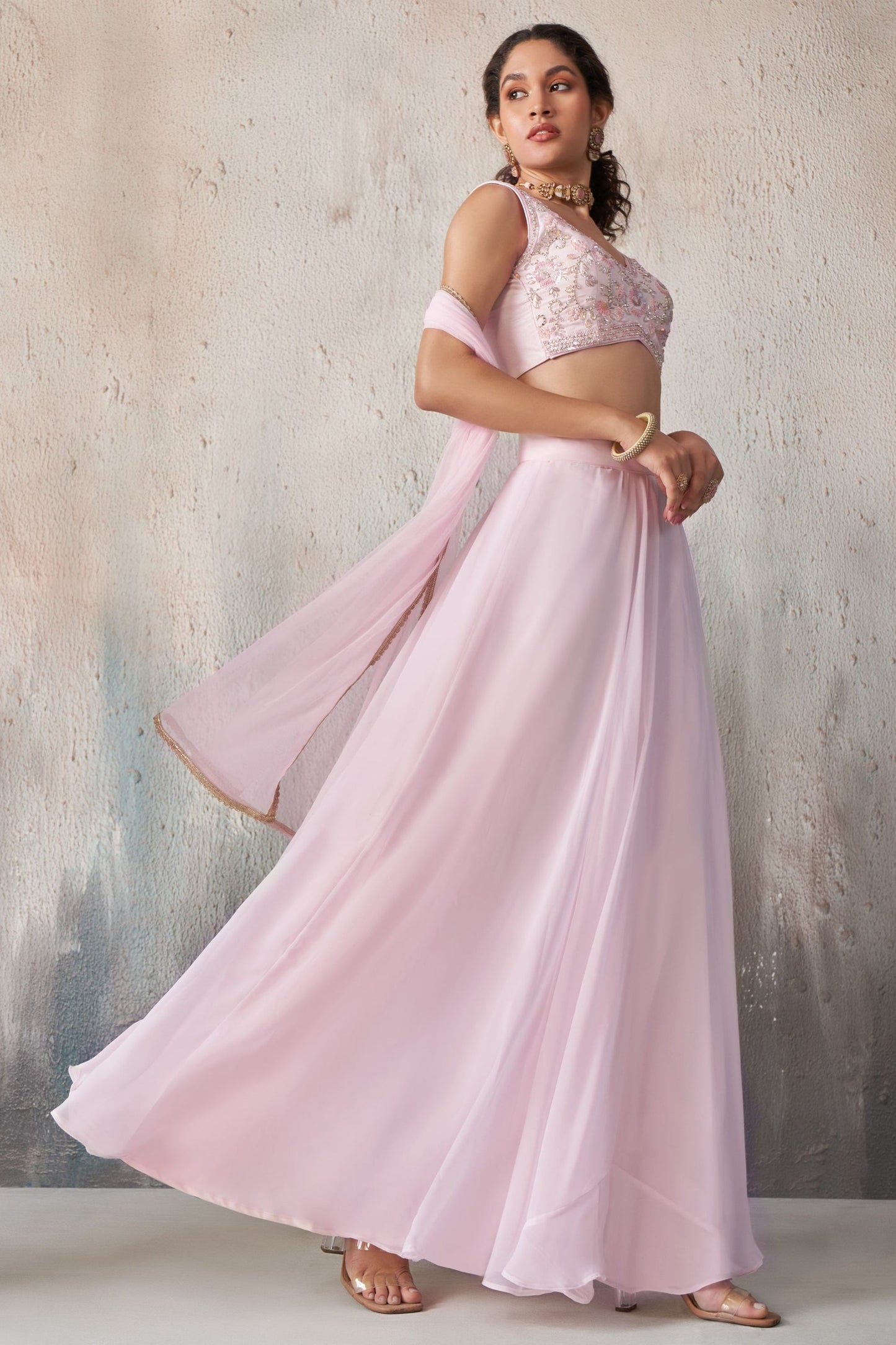 Light Pink Georgette Sleeveless Lehenga - Khatli Work, Sequence Embroidery Work, Resham Work, Cut Dana Work, Moti Work