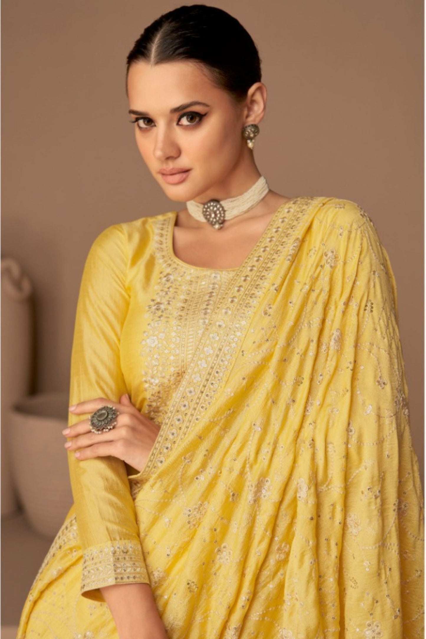 Yellow Chinon Silk salwar Suit