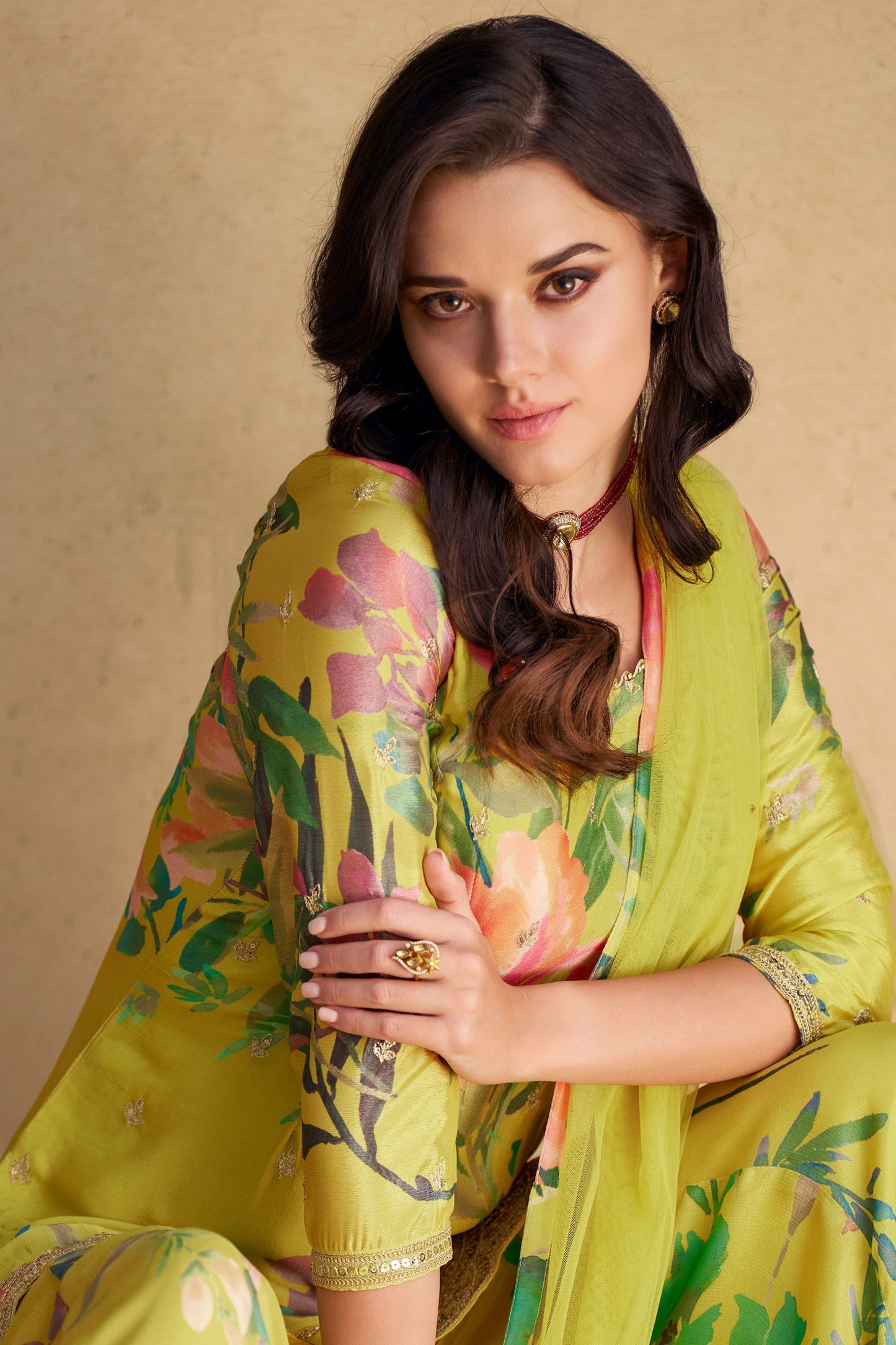 Green Chinon Silk Flower Printed Palazzo Suit - Print Work, Embroidery Work