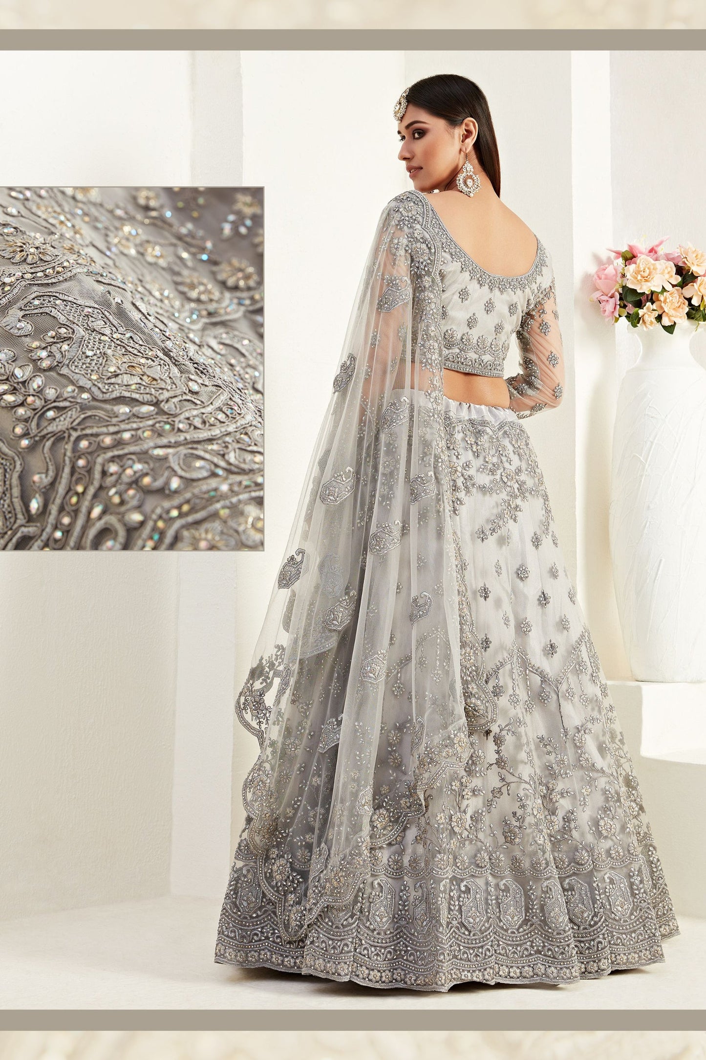 Grey Net Lehenga Choli - Thread Embroidery Work, Codding Embroidery Work, Butta Work, Stone Work