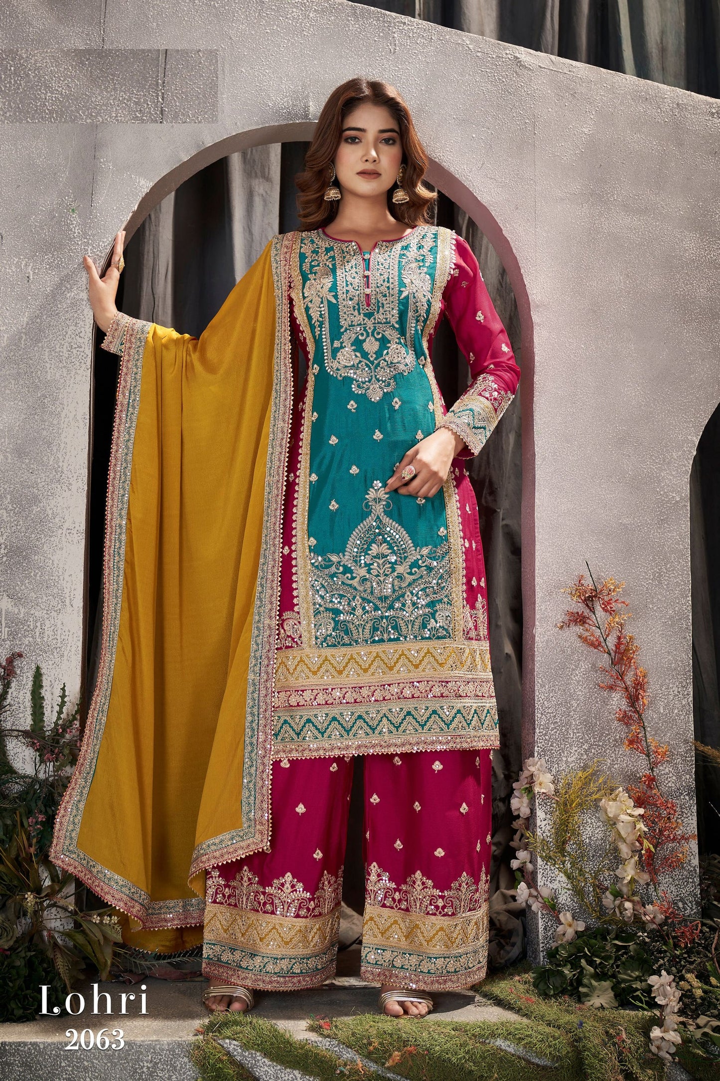 Turquoise Chinon Silk Plazzo Suit - Sequence Embroidery Work, Mirror Work