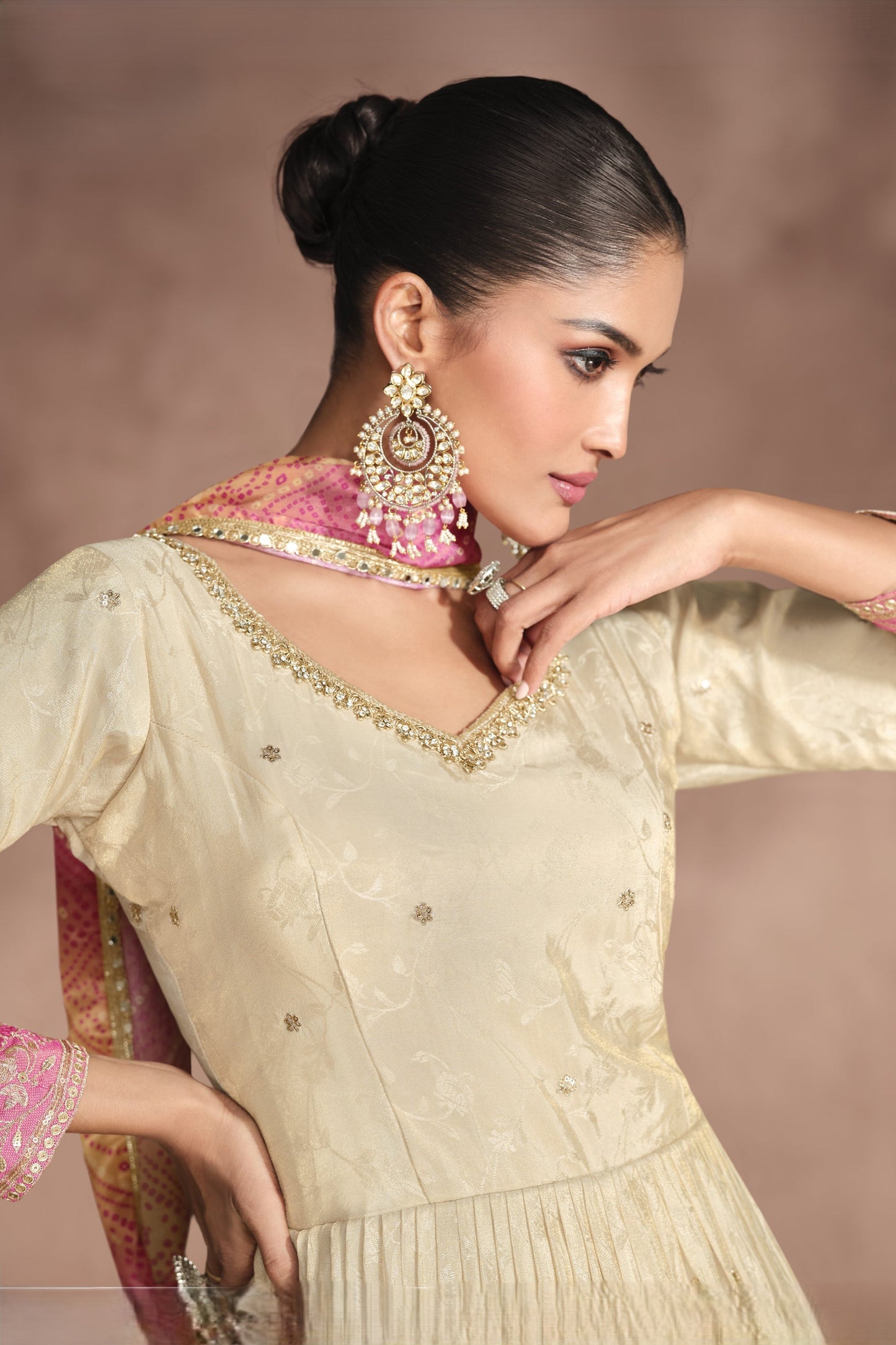 Cream Simar Jacquard Silk Full Floor Length Anarkali Suit