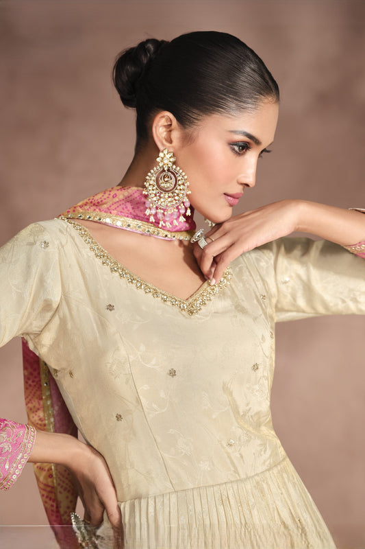 Cream Simar Jacquard Silk Full Floor Length Anarkali Suit