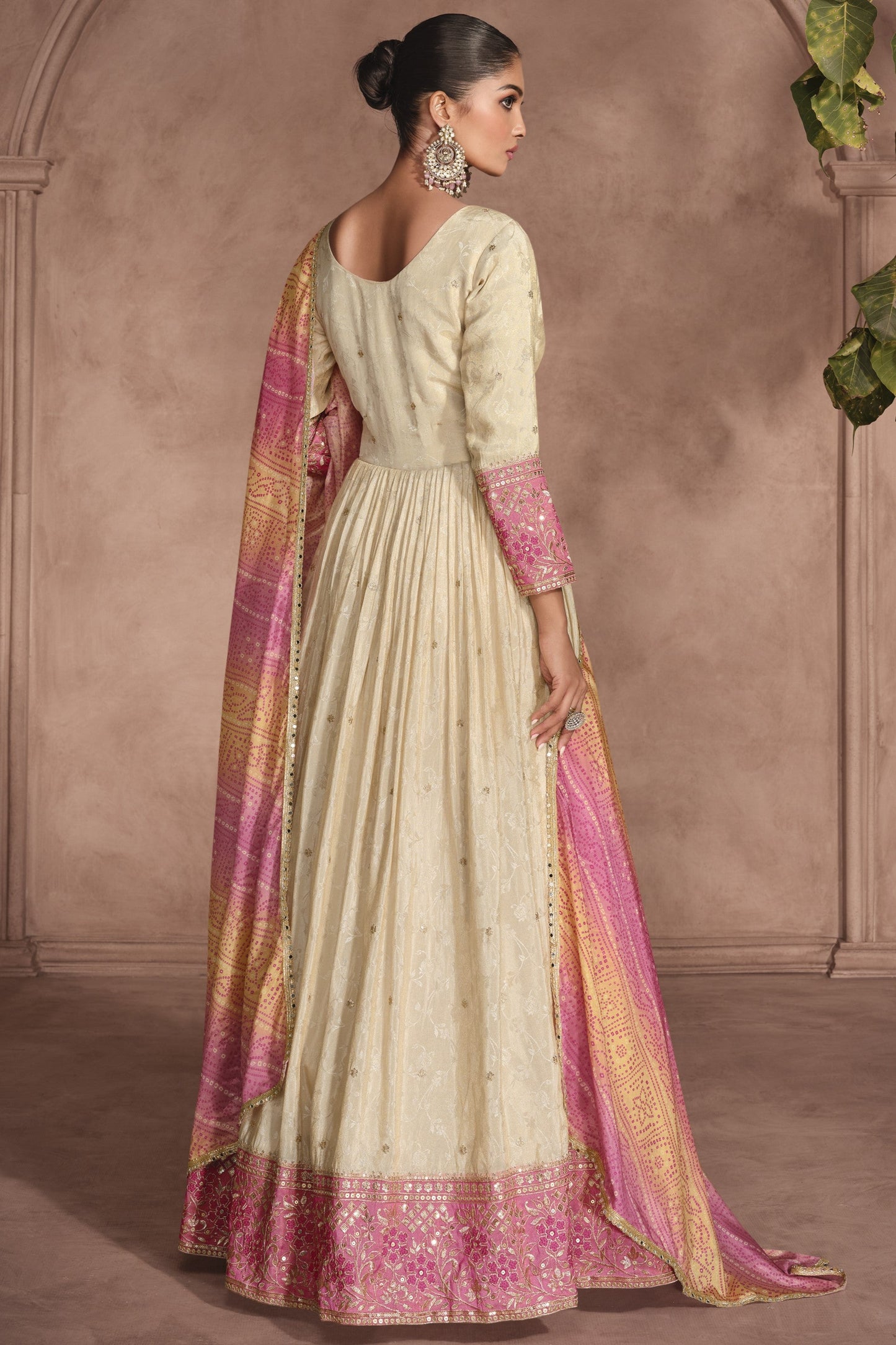 Cream Simar Jacquard Silk Full Floor Length Anarkali Suit