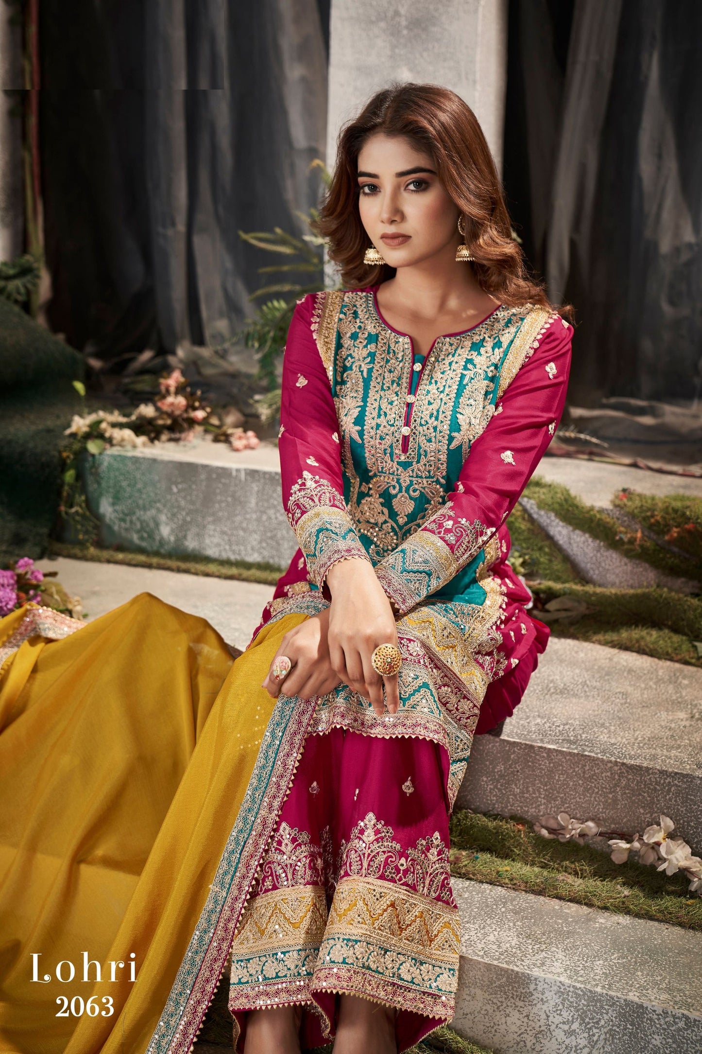 Turquoise Chinon Silk Plazzo Suit - Sequence Embroidery Work, Mirror Work