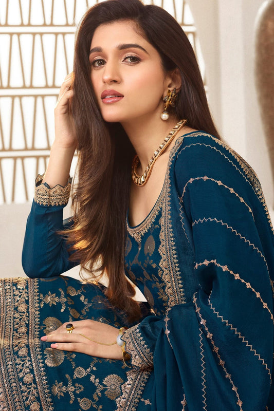 Teal Jacquard Silk Palazzo Suit