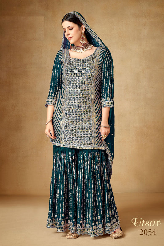 Teal Chinon Silk Sharara Suit
