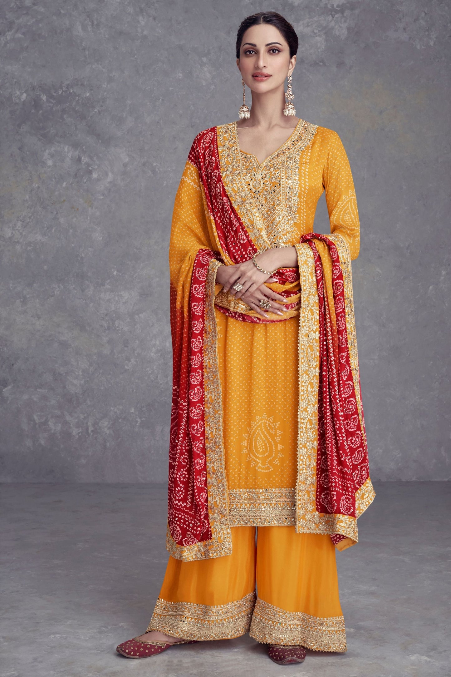 Yellow Chinon Silk Palazzo Suit  - Embroidery Work, Mirror Work, Print Work