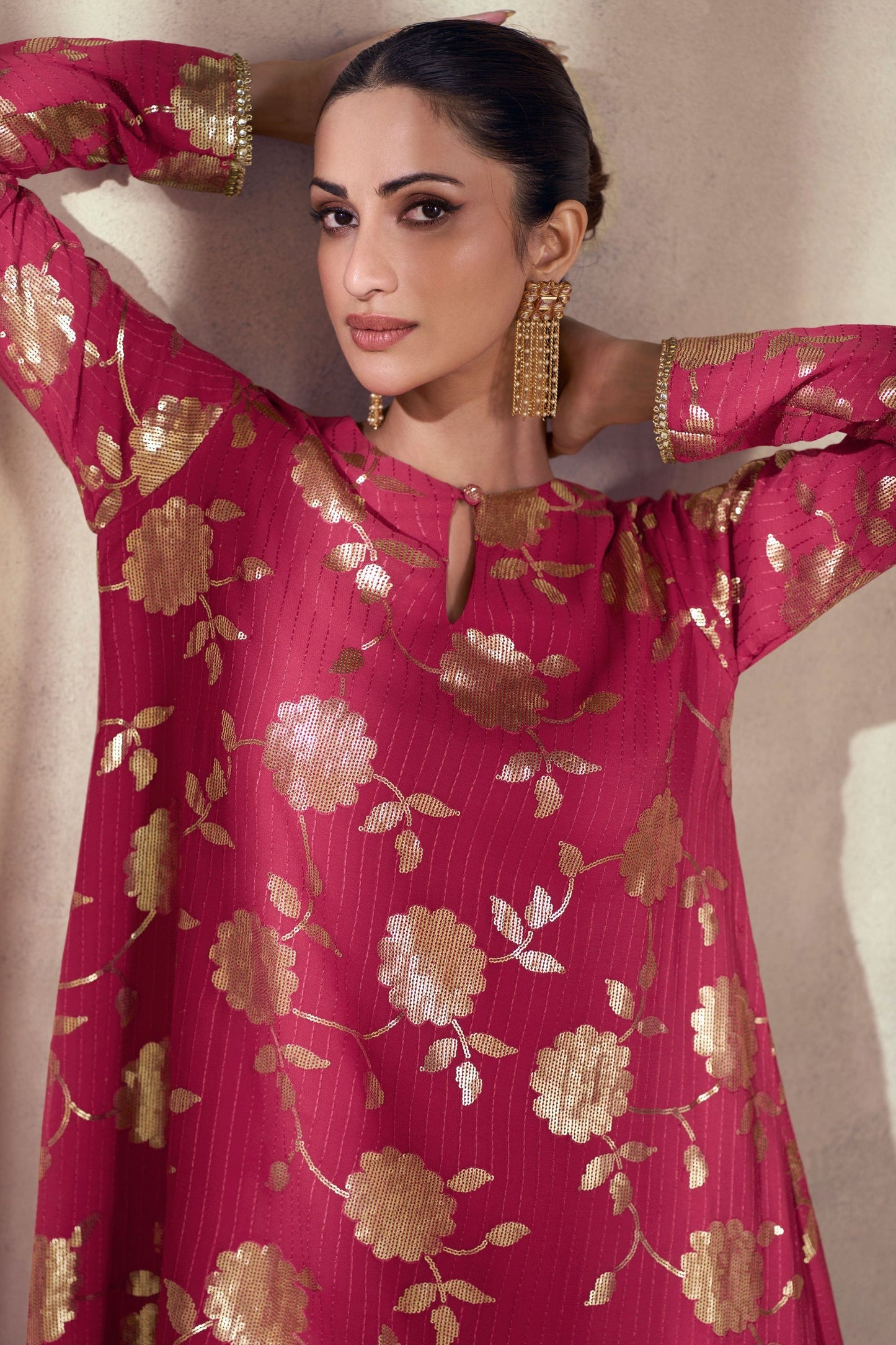 Dark Pink Georgette Plazzo With Kameez Suit