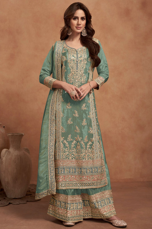 Dusty Green Simmer Silk Plazzo Suit