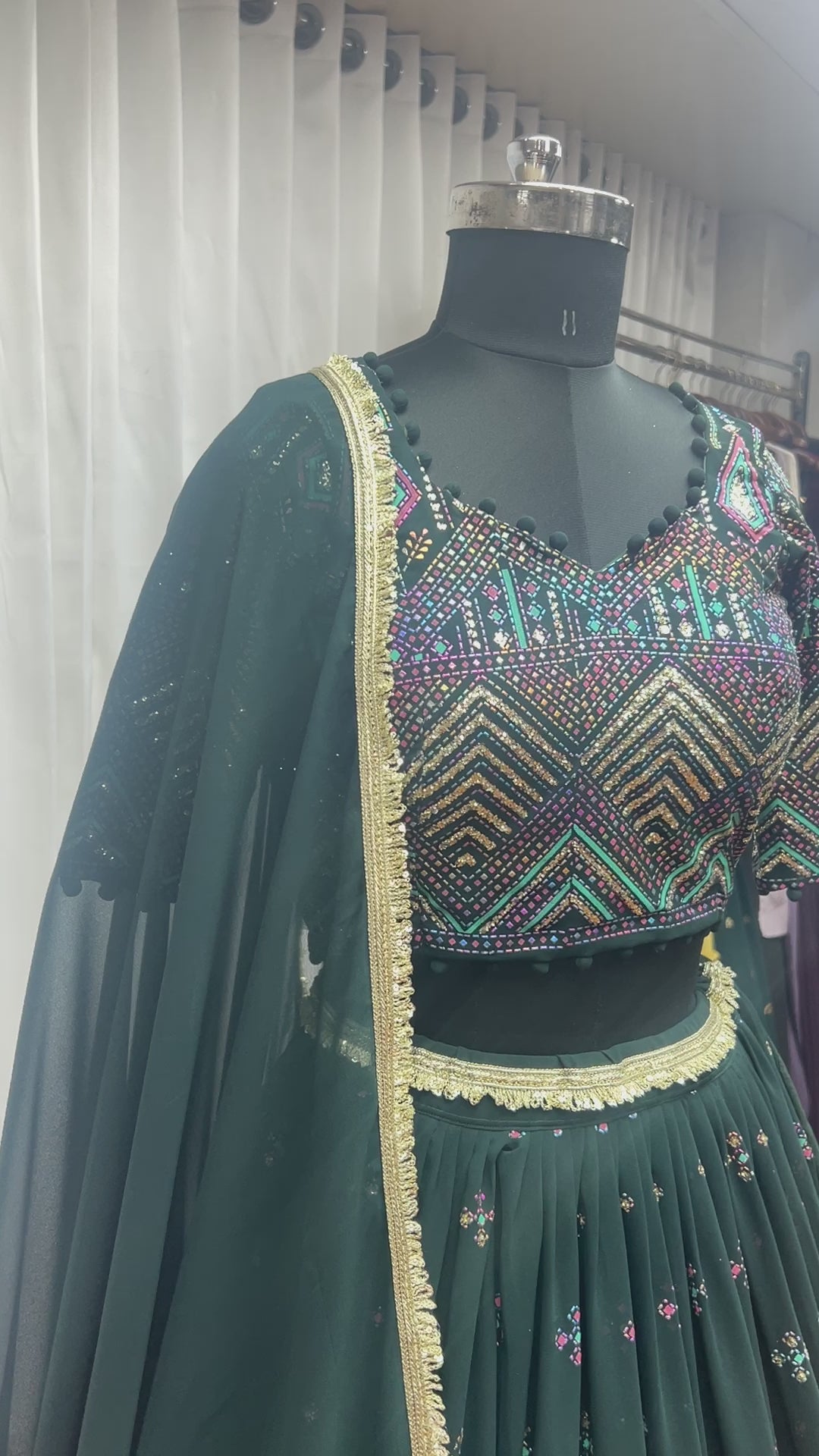 Green Georgette Lehenga Choli - Thread Embroidery Work, Foil Mirror Work