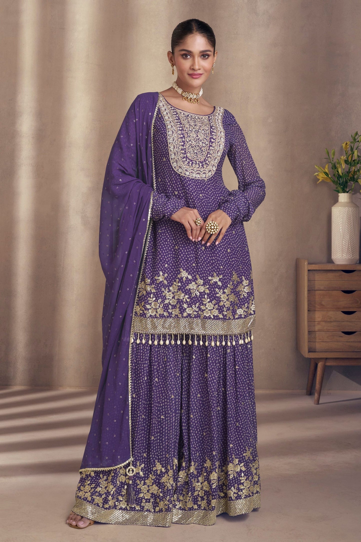 Purple Chinon Silk Sharara Suit